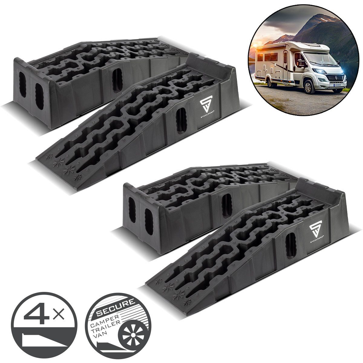STAHLWERK Auffahrrampe Stufenkeil 4er Set 6 t Auffahrkeil Unterlegkeil Wohnmobil Auffahrrampe