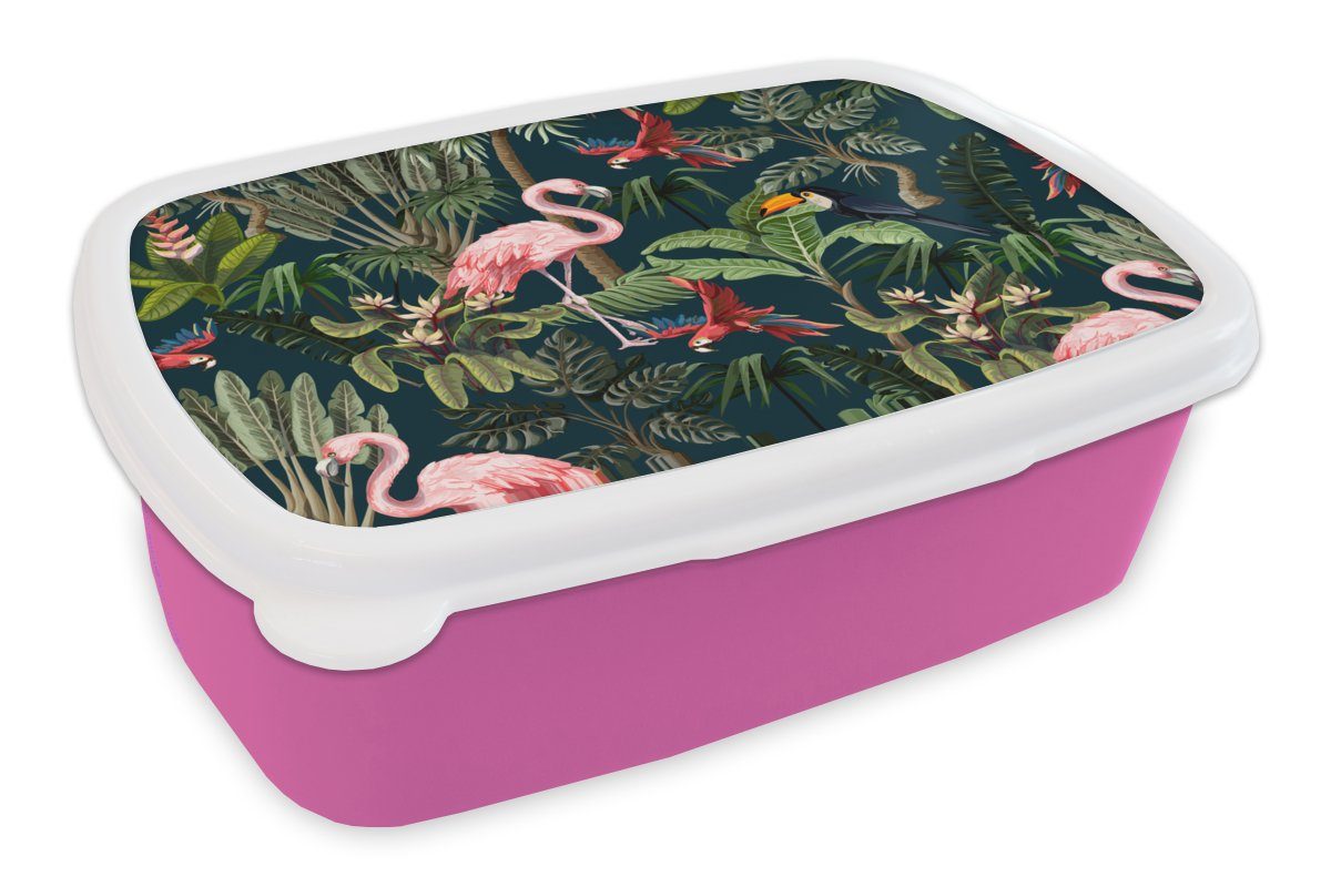MuchoWow Lunchbox Jungtiere - Muster - Kinder - Flamingo - Papagei - Kinder, Kunststoff, (2-tlg), Brotbox für Erwachsene, Brotdose Kinder, Snackbox, Mädchen, Kunststoff rosa