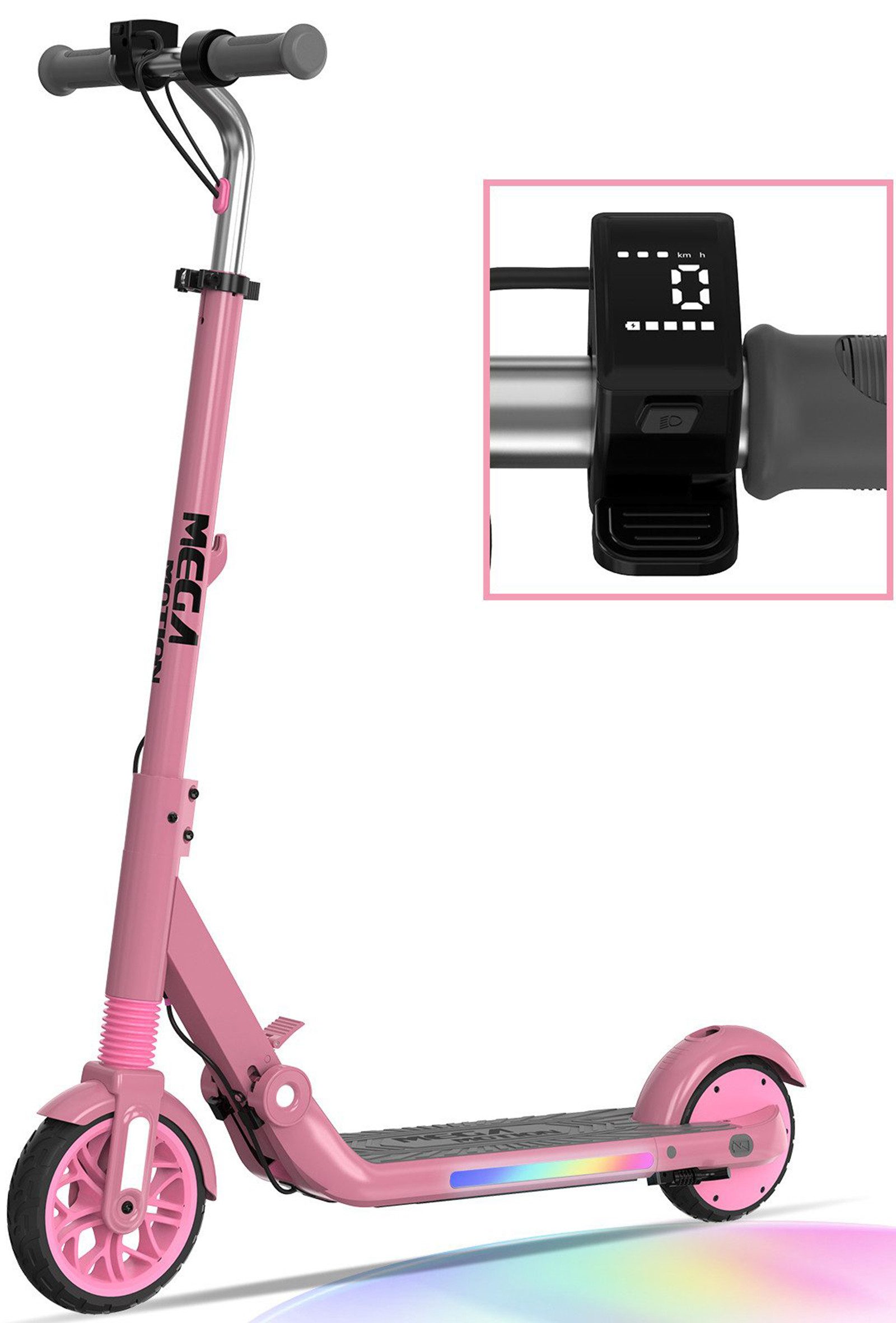 Mega Motion Elektro-Kinderroller ME1 E-Scooter für Kinder, 8/12/16 km/h, mit verstellbarem Lenker, Belastbarkeit 50 kg, faltbar, sieben Farben Lichtern, bis zu 8km, Display für 6-12 Jahren