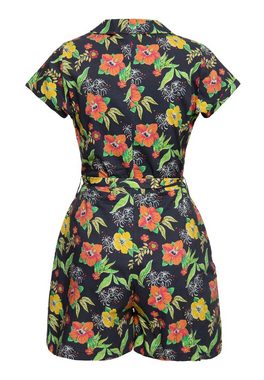 QueenKerosin Jumpsuit Hibiscus Black mit tropischem All-Over-Print