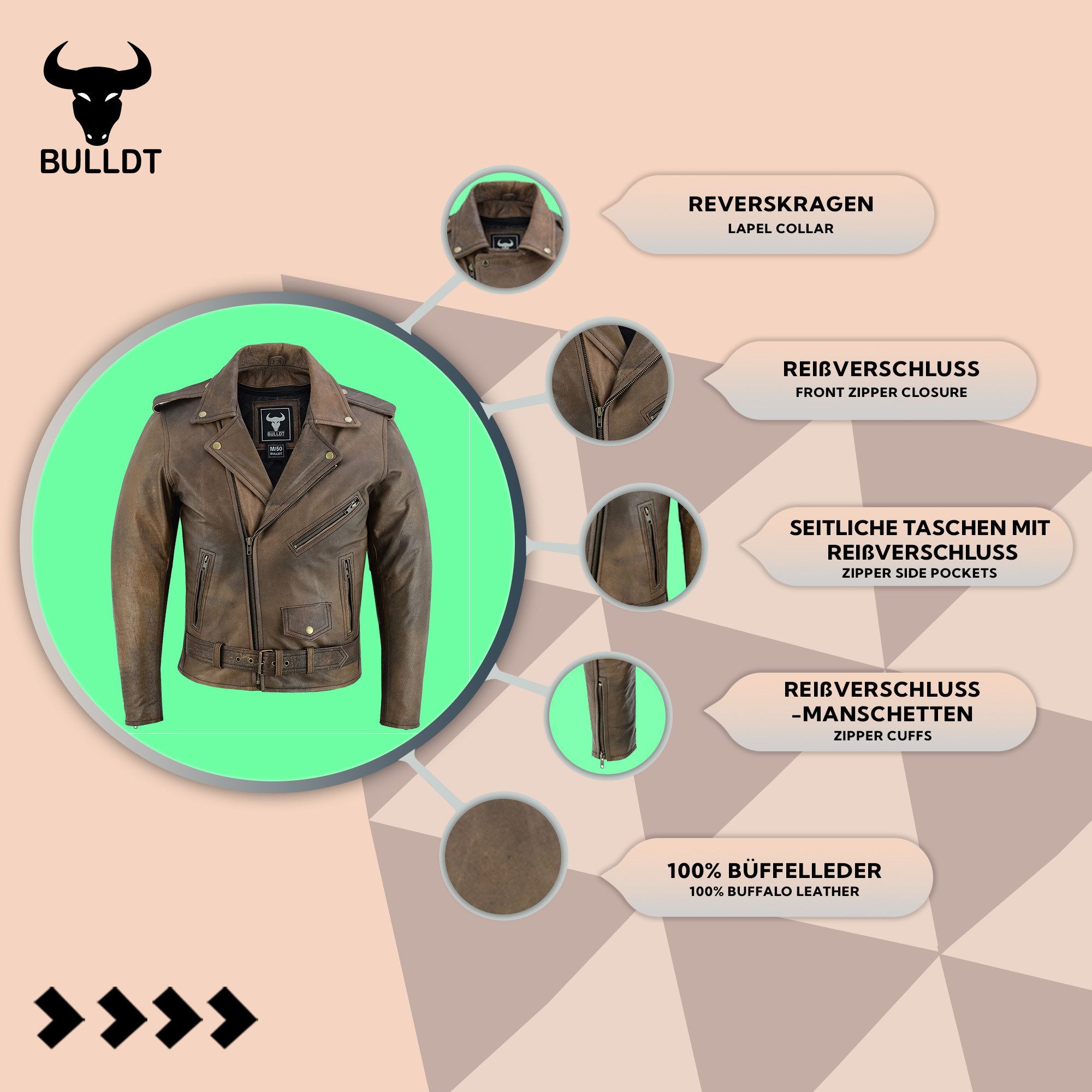 BULLDT Motorradjacke BLD418J Rockerjacke Chopper Lederjacke Brando Retro vintag