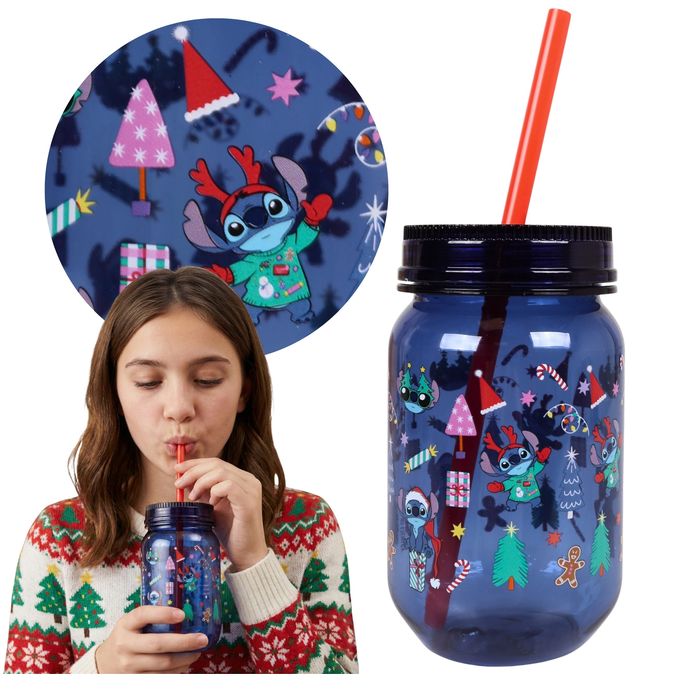 Disney Dekobecher DISNEY Stitch Weihnachtsbecher mit Strohhalm aus Kunststoff, 450 ml