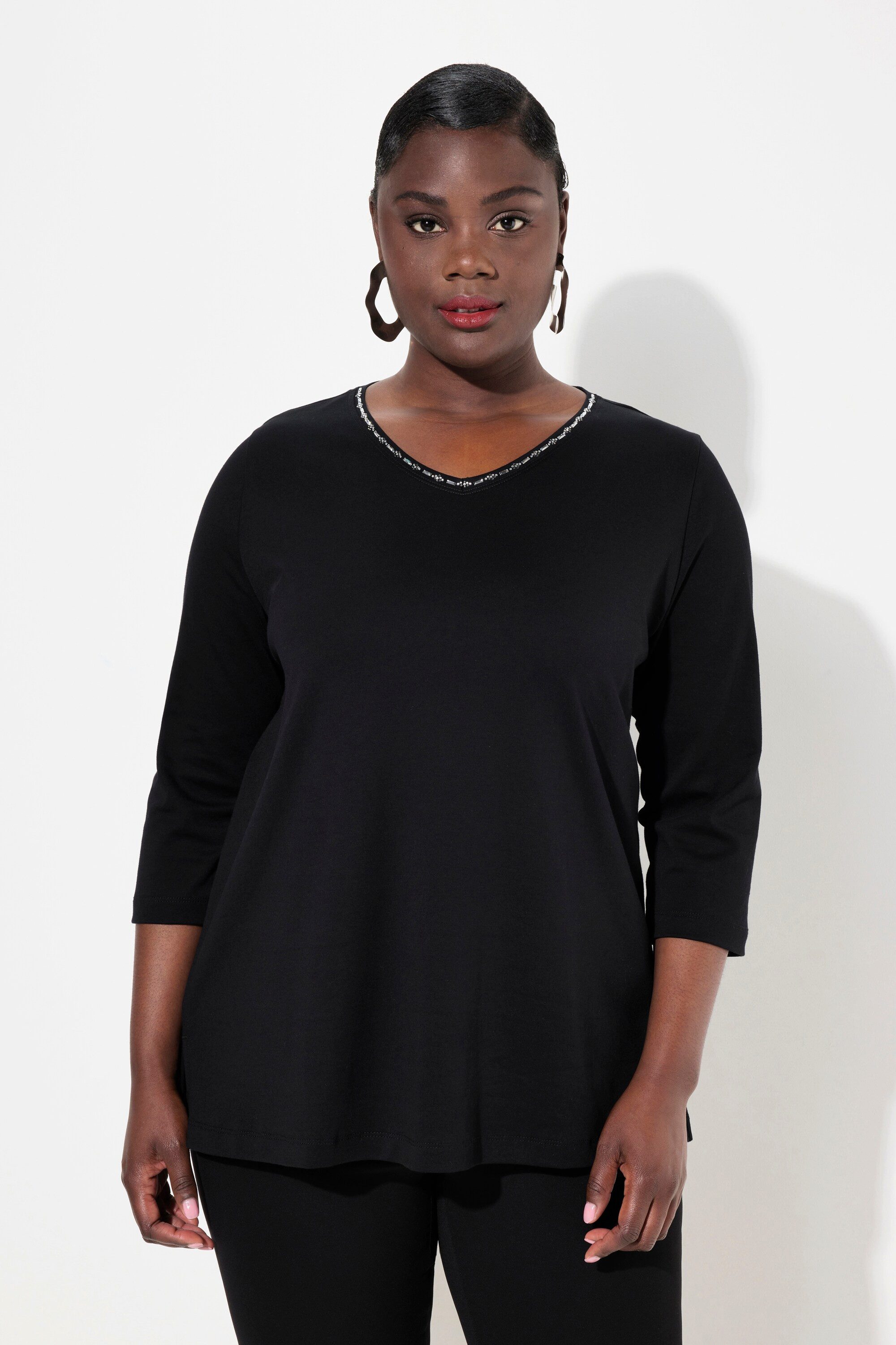 Ulla Popken T-Shirt Pima Cotton Shirt Ziersteine A-Linie V-Ausschnitt günstig online kaufen