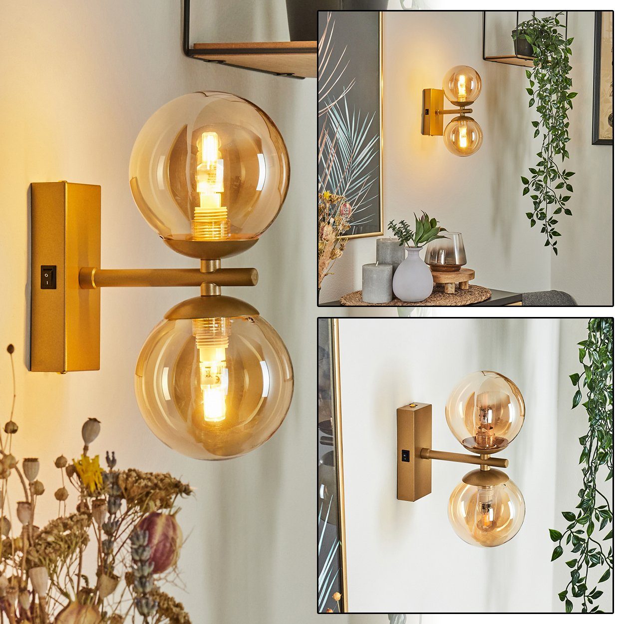 hofstein Wandleuchte »Garaguso« Wandlampe aus Metall/Glas in  Messingfarben/Champagnerfarben, ohne Leuchtmittel, Wandspot im Modernen  Design, An-/Ausschalter am Gehäuse, 2xG9