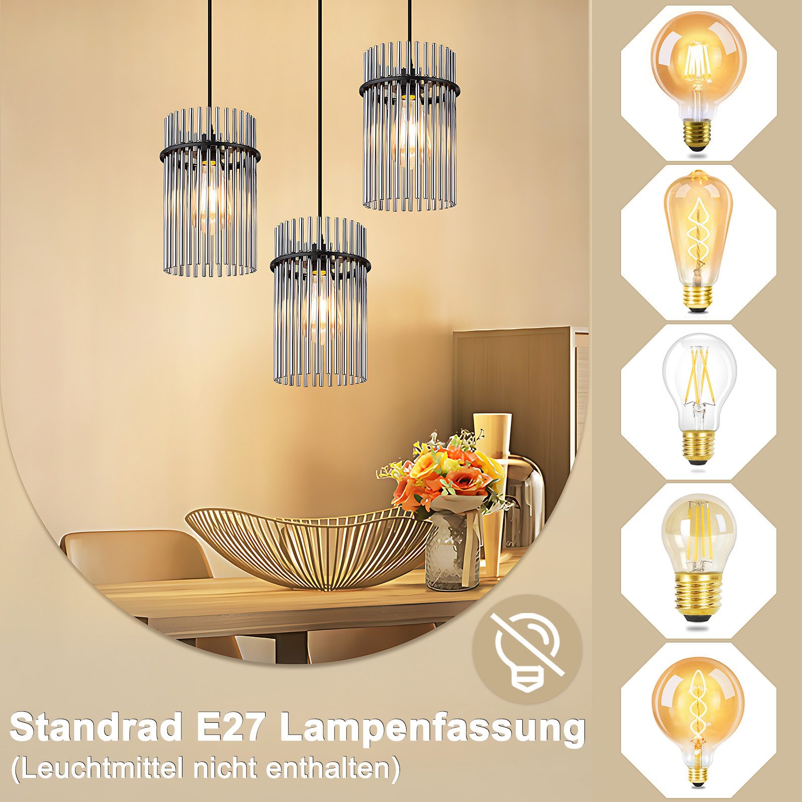 Nettlife LED Pendelleuchte Glas modern Gold/Schwarz E27 Hängelampe 3 Flammig Hängeleuchte 16cm, ohne Leuchtmittel, für esstisch esszimmer Wohnzimmer Küche – Bild 5 von 5