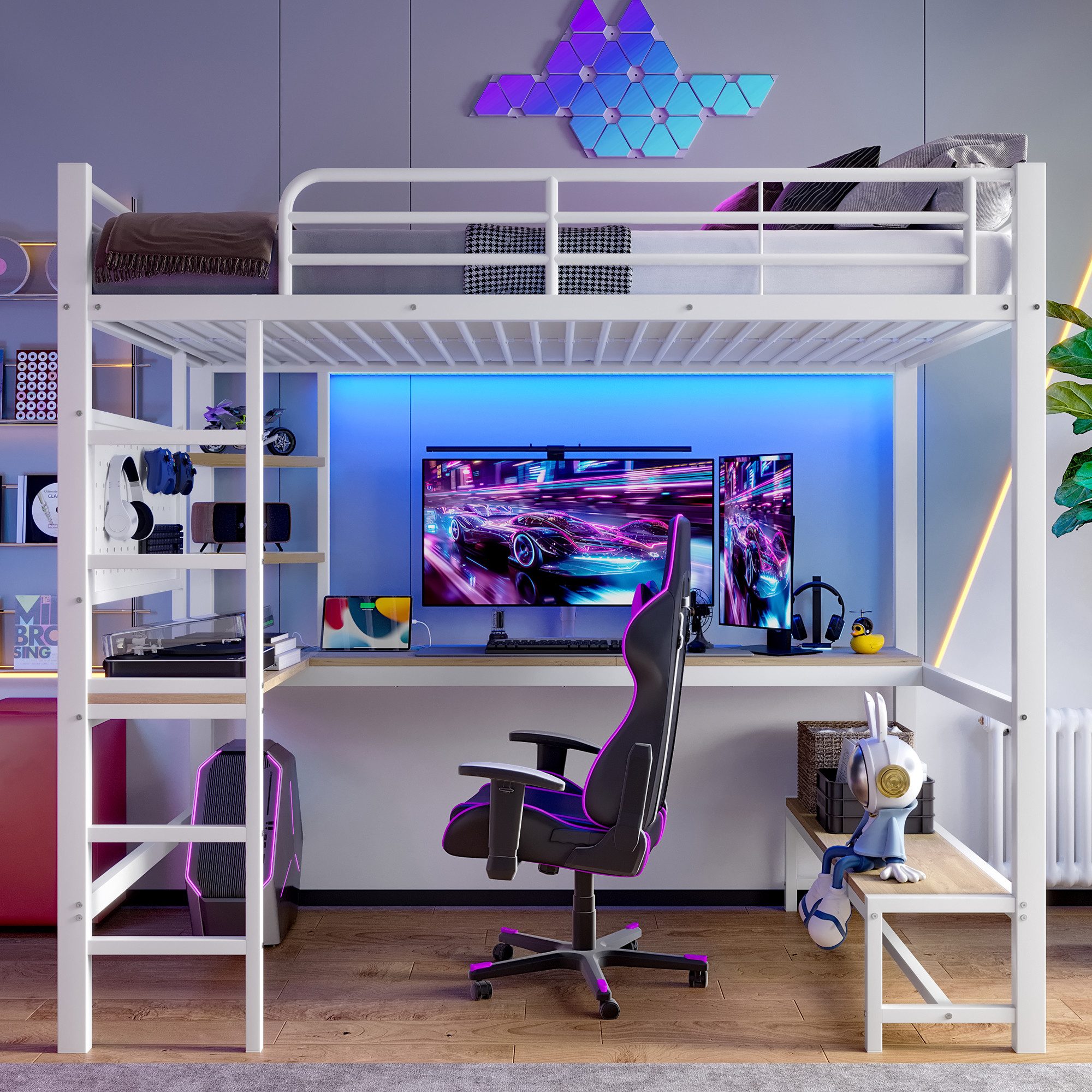 Flieks Hochbett Metallbett 90x200cm mit LED-Leiste, günstig online kaufen