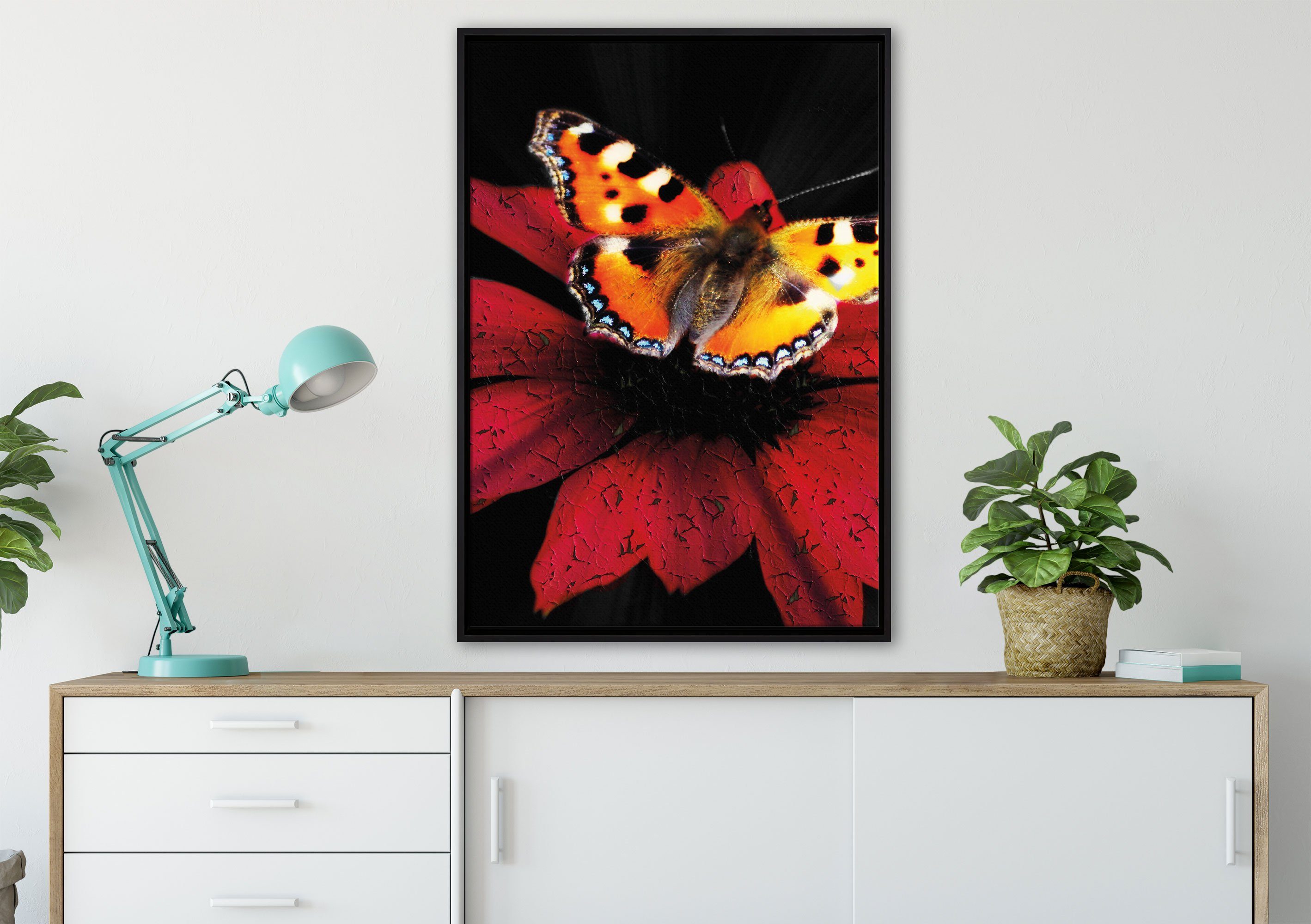 Leinwandbild Leinwandbild in gefasst, St), Schattenfugen-Bilderrahmen fertig Zackenaufhänger auf Pixxprint Schmetterling bespannt, inkl. einem Wanddekoration Blüte, (1 roter