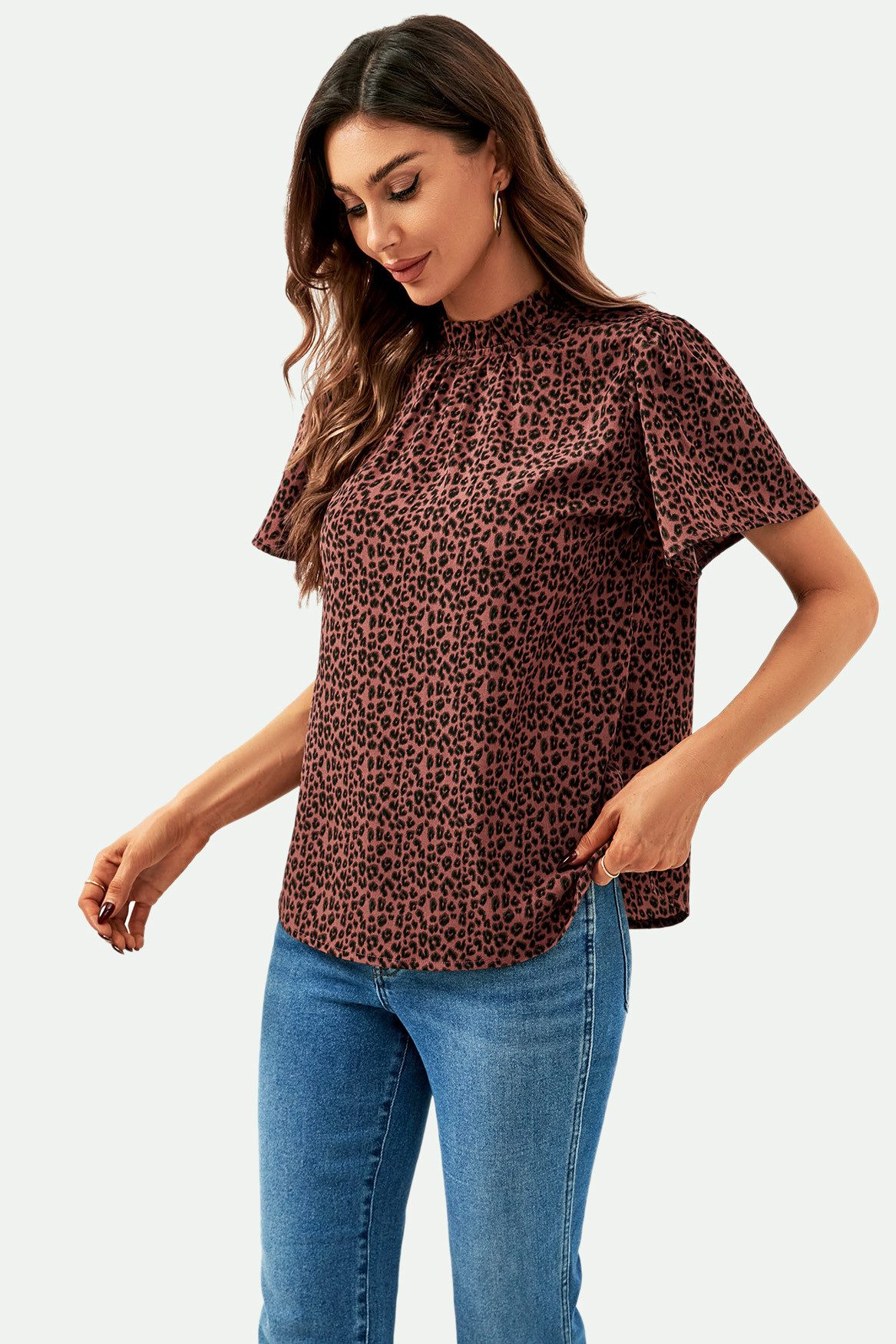 FS Collection Kurzarmbluse Damen Bluse mit Engelsärmeln und hohem Kragen im Leo-Design (XS (EU:36 / UK:8) · S (EU:38 / UK:10) · M (EU:40 / UK:12) · L (EU:42 / UK:14) · XL (EU:44 / UK:16) leicht, fließend, formstabil und pflegeleicht