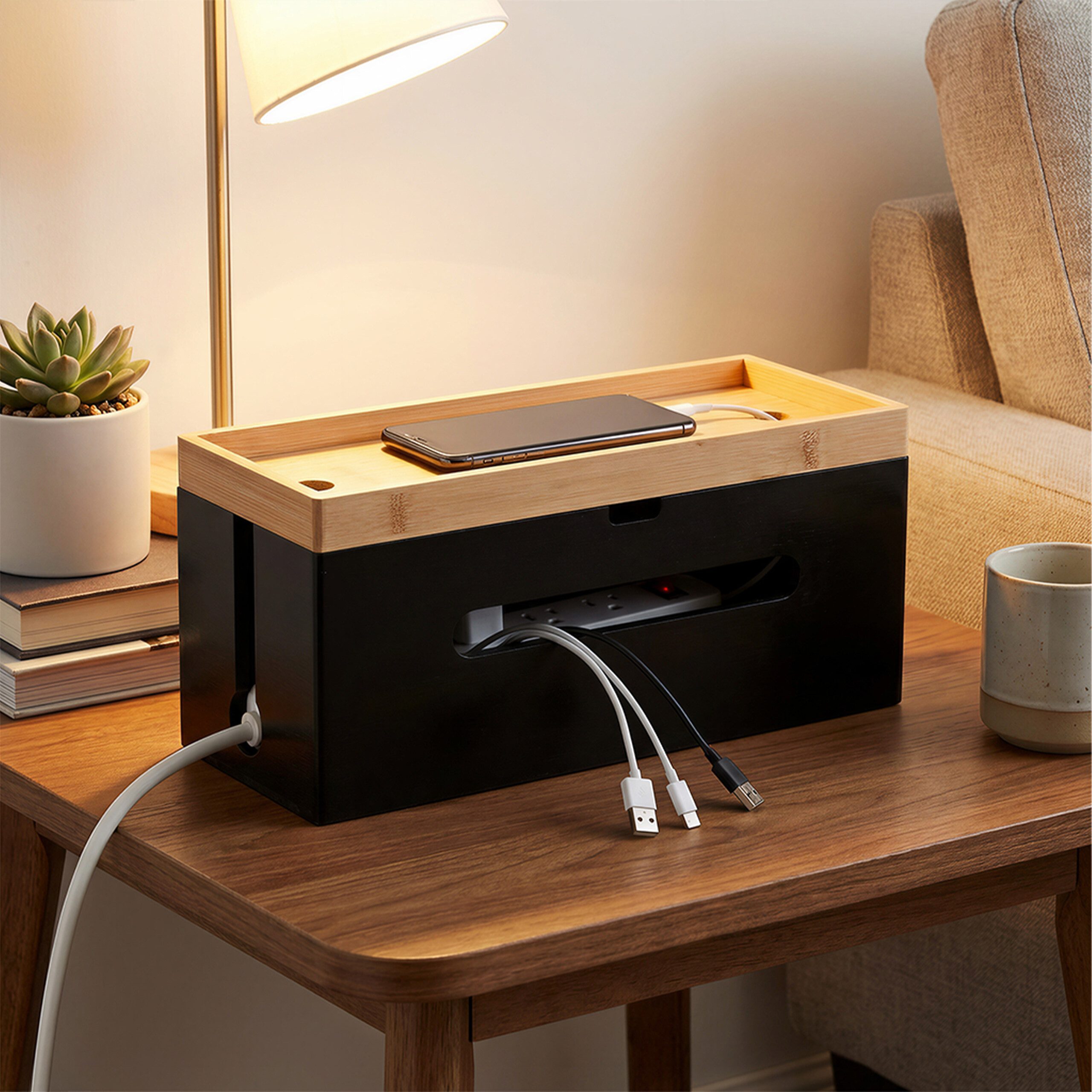 relaxdays Kabelbox aus Bambus, Natur-Schwarz