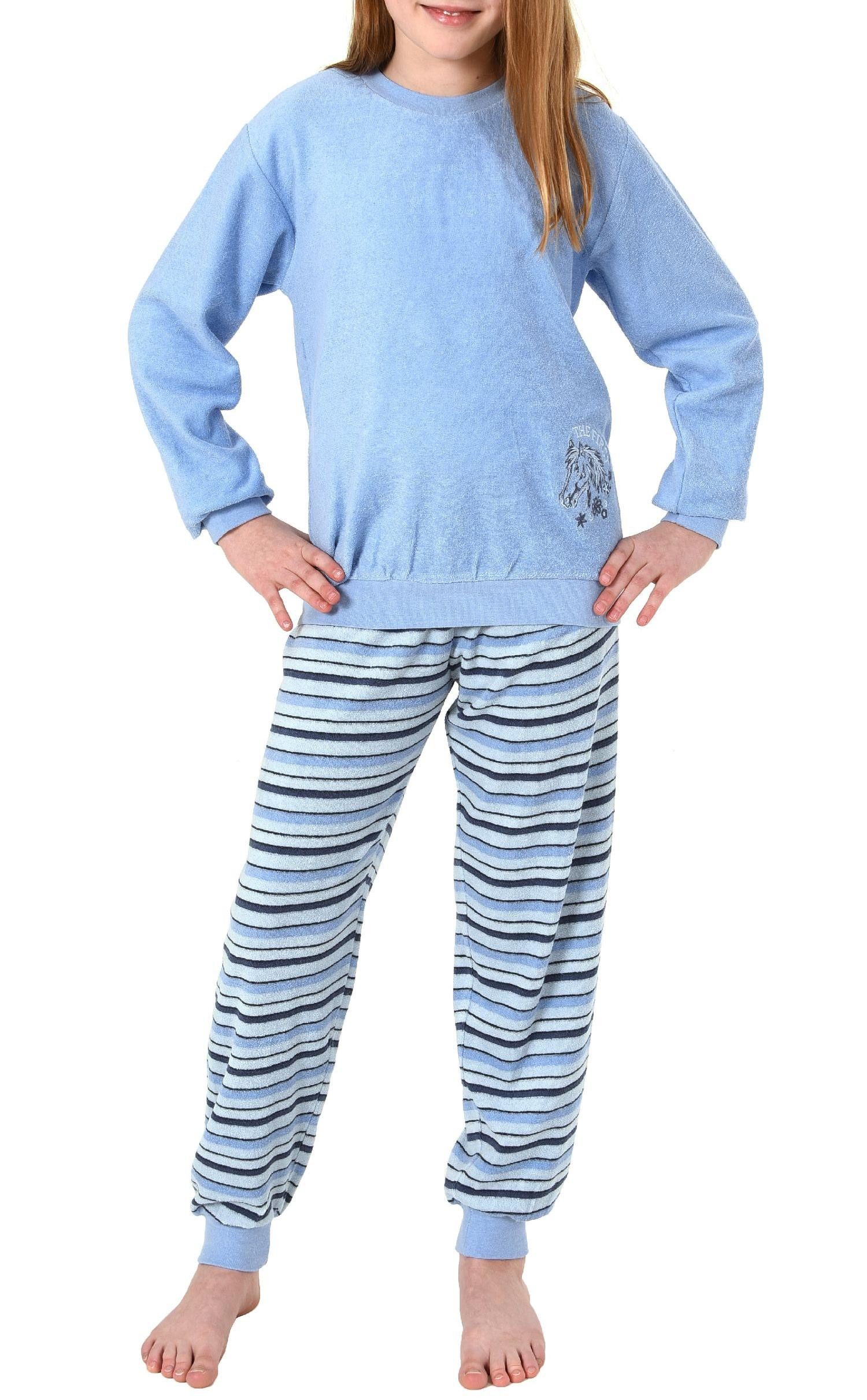 Normann Pyjama Mädchen Frottee Schlafanzug langarm mit Bündchen und Pferd als Motiv