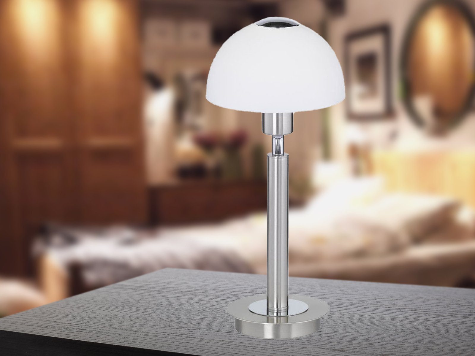 WOFI LED Nachttischlampe, Designer Pilz-Lampen 29cm Glasschirm, mit für LED wechselbar, Silber Warmweiß, Höhe Fensterbank