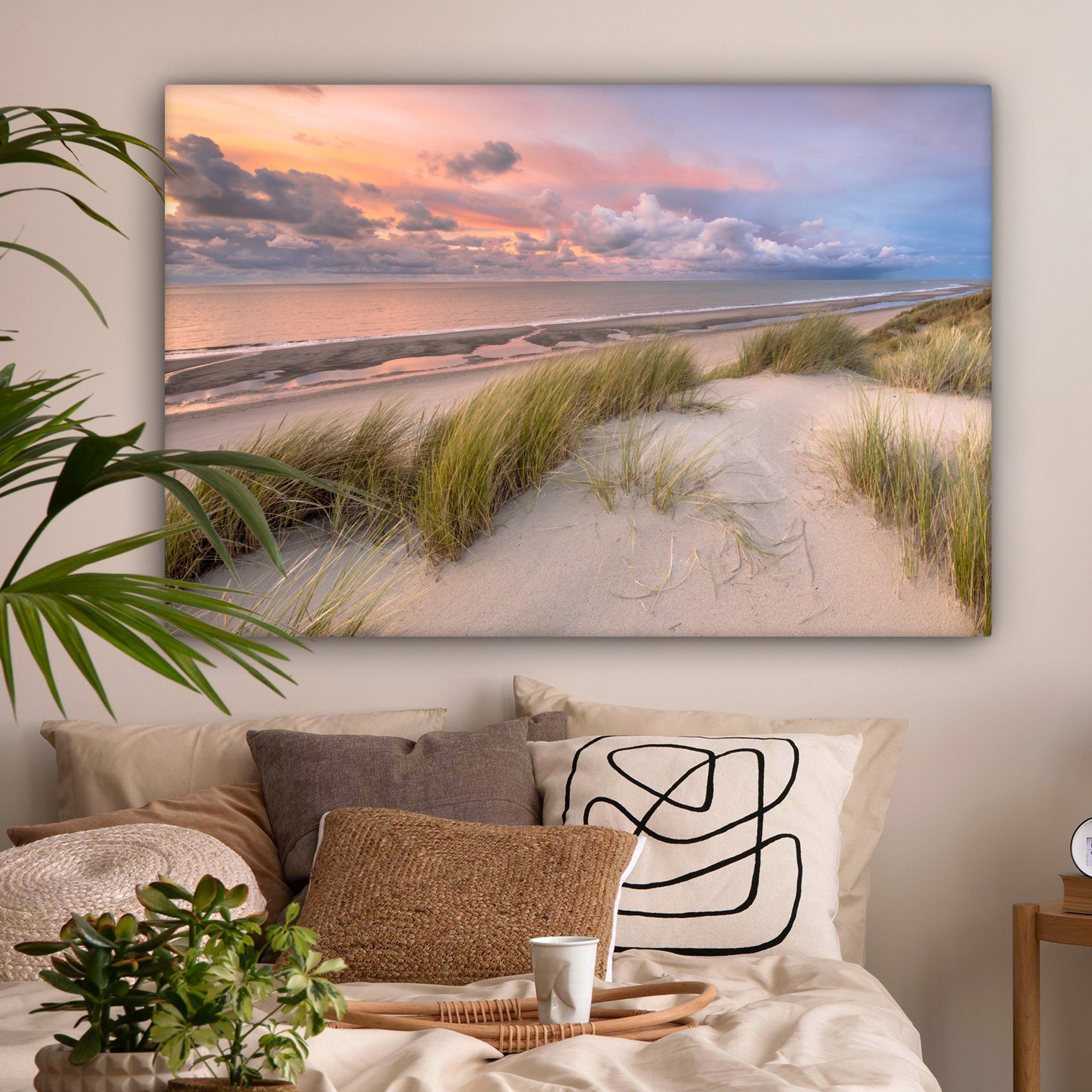 OneMillionCanvasses® Leinwandbild Strand - Meer - Dünen - Niederlande - Rosa, Fotodruck (1 St), Leinwand Bilder groß für Wohnzimmer 140x90 cm