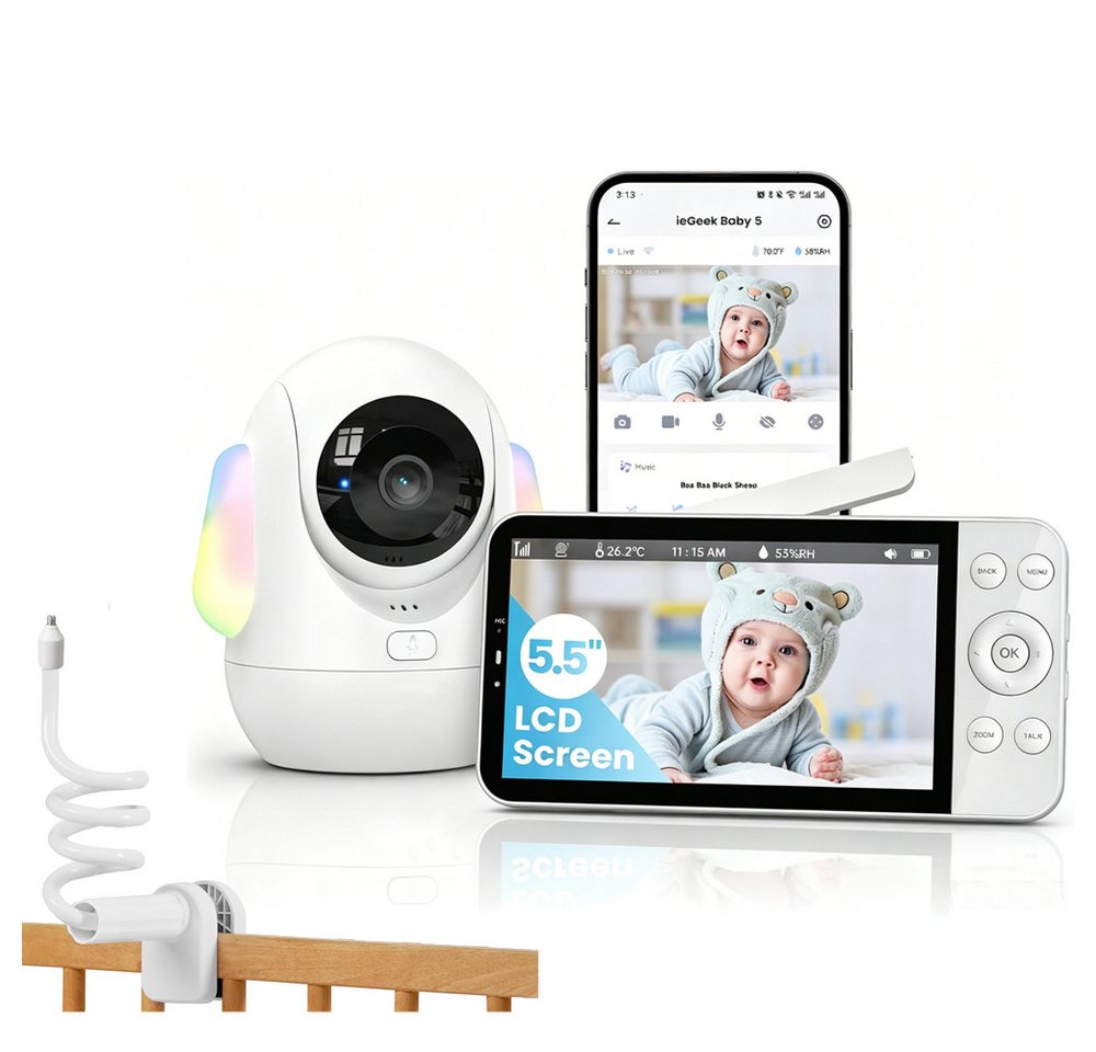 TWUFY Babyphone Babyphone mit Kamera 2.5K & 5.5-Zoll-HD-Großbildschirm Nachtsicht, unterstützt 2,4 GHz und 5 GHz, 1-tlg., 360° WLAN Video Babyfon mit App, Musik & Buntes Nachtlicht, Intelligente Erkennung