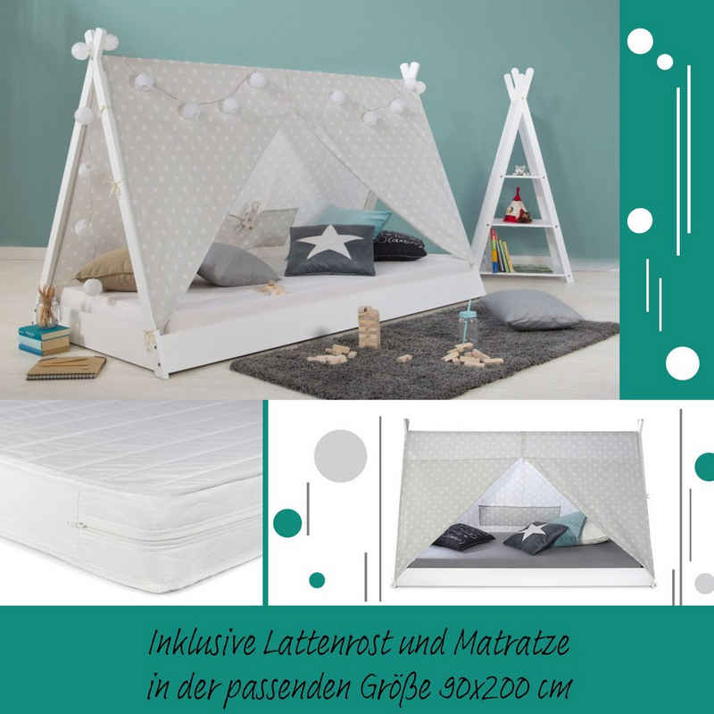 Homestyle4u Kinderbett Kinderbett mit Matratze TIPI 90x200 Weiß Grau Bettkasten