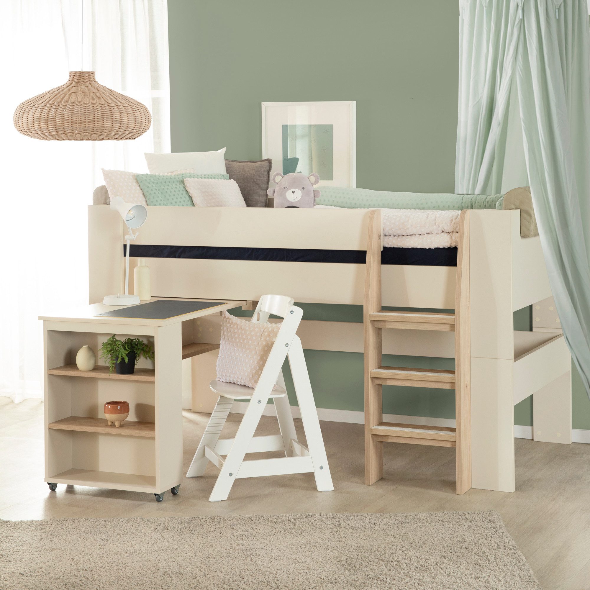roba® Hochbett Flexi Grow 90 x 200 cm aus Holz - moderne Scandi Optik (Made in Europa - Blauer Engel - mit Stauraum & Sicherheitsgeländer) halbhohes Hochbett mit ausziehbarem Schreibtisch - Beige / Cashmere