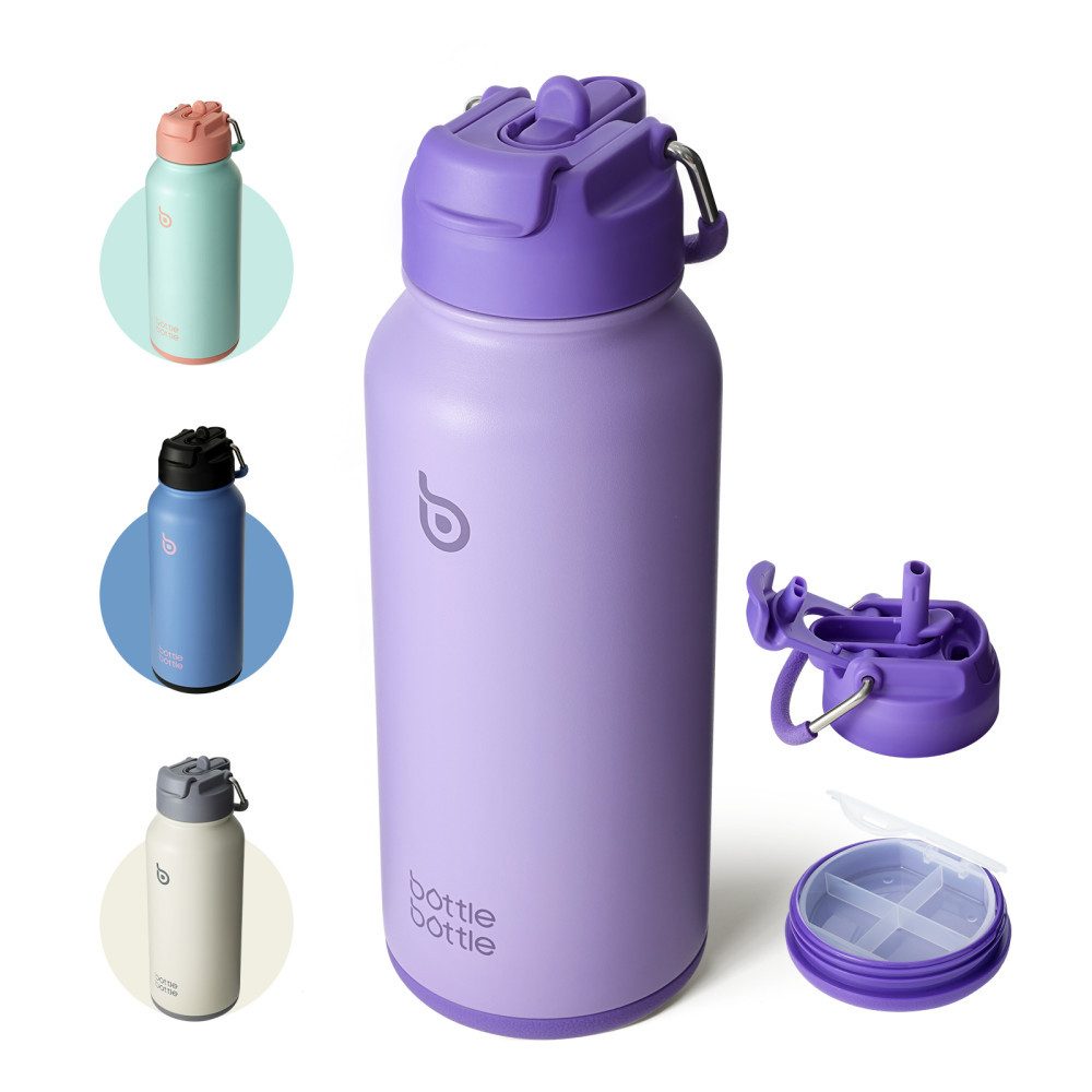 BOTTLE BOTTLE Trinkflasche Edelstahl Trinkflasche mit Strohhalm, auslaufsichere Isolierflasche, für Sport & Fitnessstudio, mit Pillenfach, doppelwandig