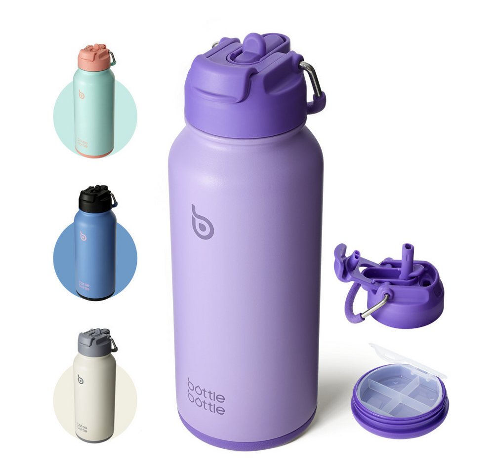 BOTTLE BOTTLE Trinkflasche Edelstahl Trinkflasche mit Strohhalm, auslaufsichere Isolierflasche, für Sport & Fitnessstudio, mit Pillenfach, doppelwandig