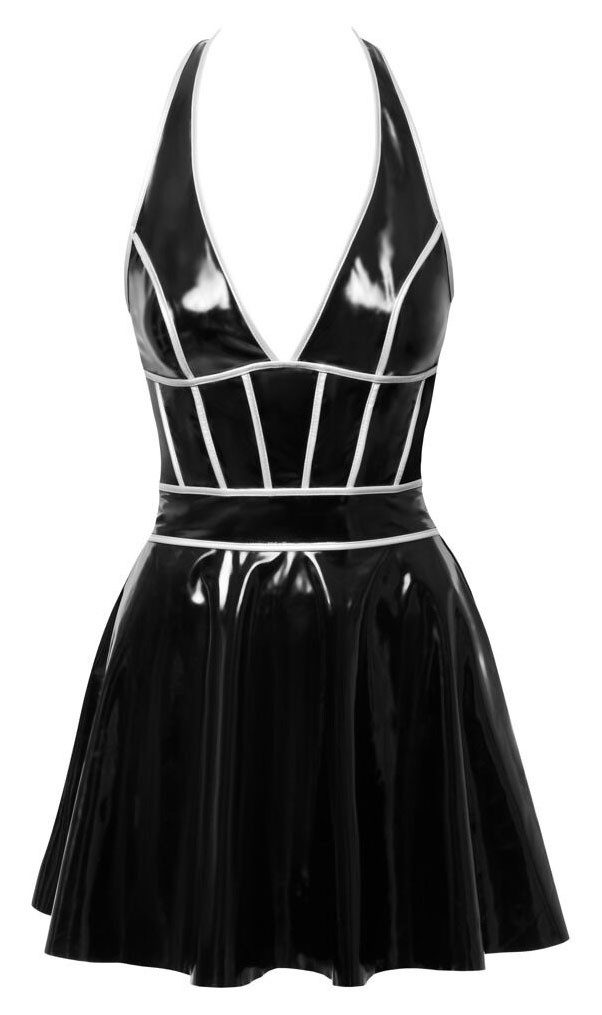 Black Level Neckholderkleid mit silberfarbenen Ziernähten, Minikleid in Lack-Optik