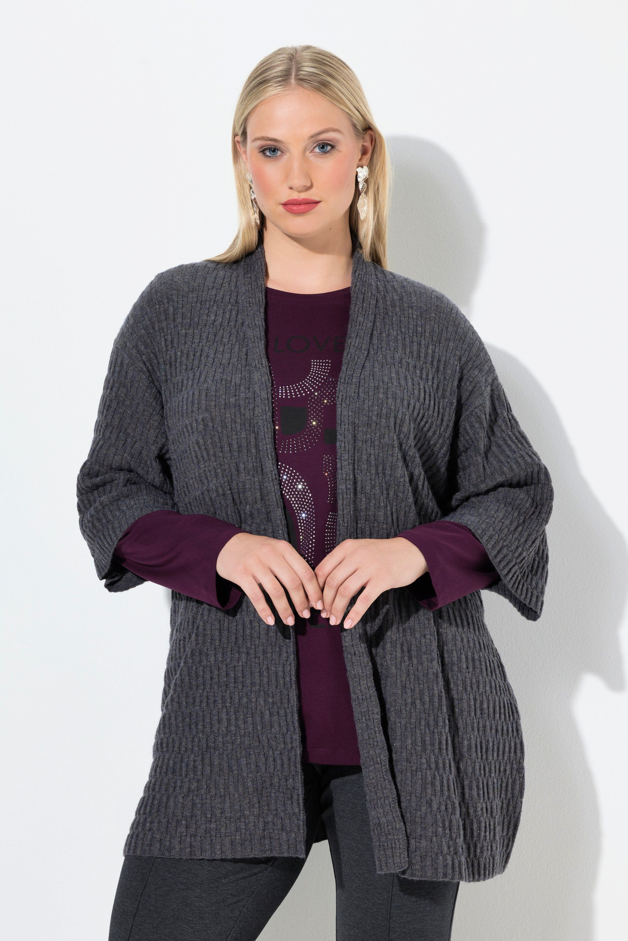 Ulla Popken Strickjacke Strickjacke Strukturstrick Oversized V-Ausschnitt günstig online kaufen