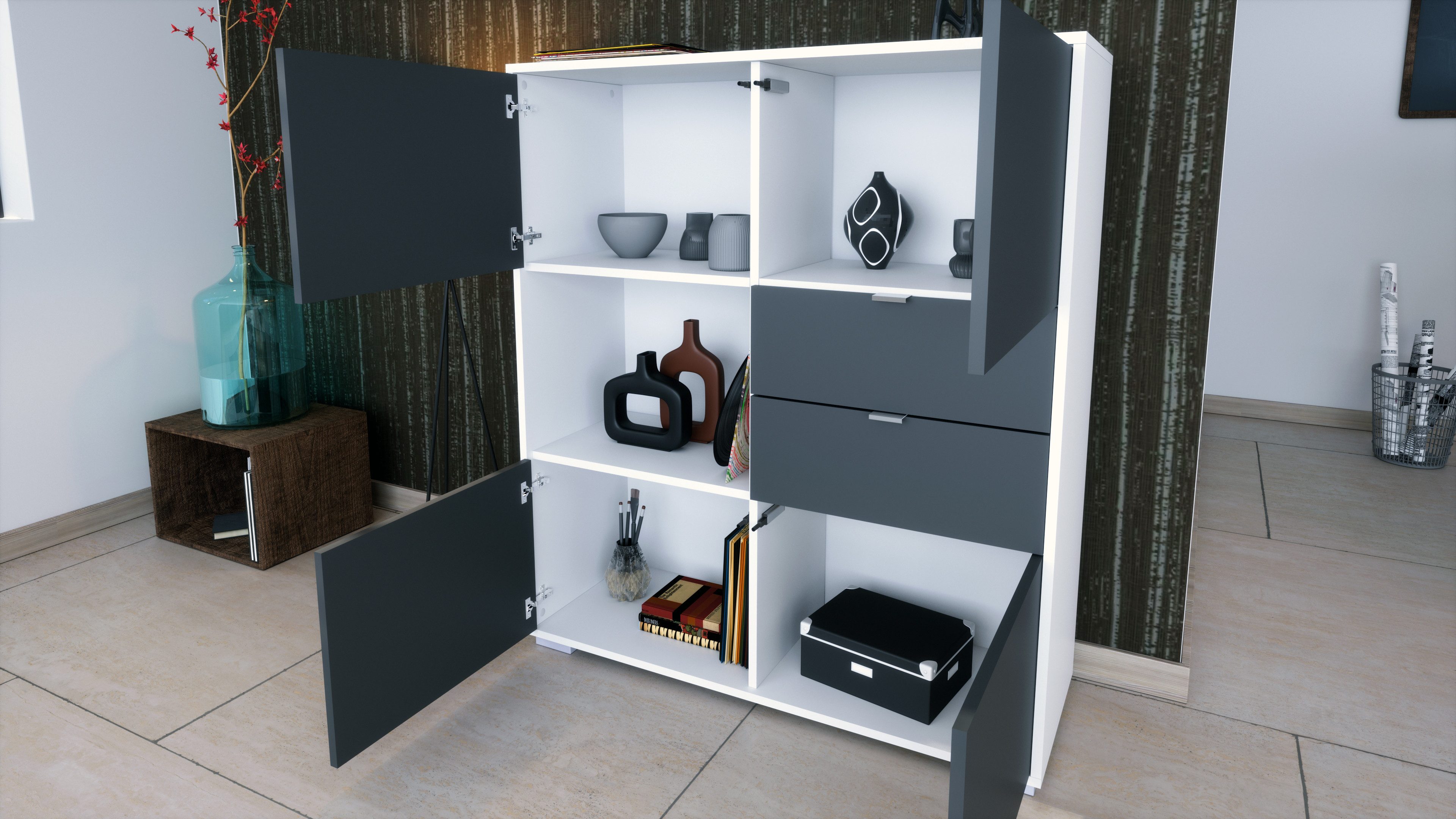 Vladon Highboard Marino V1 (Highboard mit 4 Tür Eiche Evoke, 2 Schubladen Anthrazit matt, Made in Germany), Korpus Anthrazit matt (103 x 125,5 x 37 cm) – Bild 4 von 5