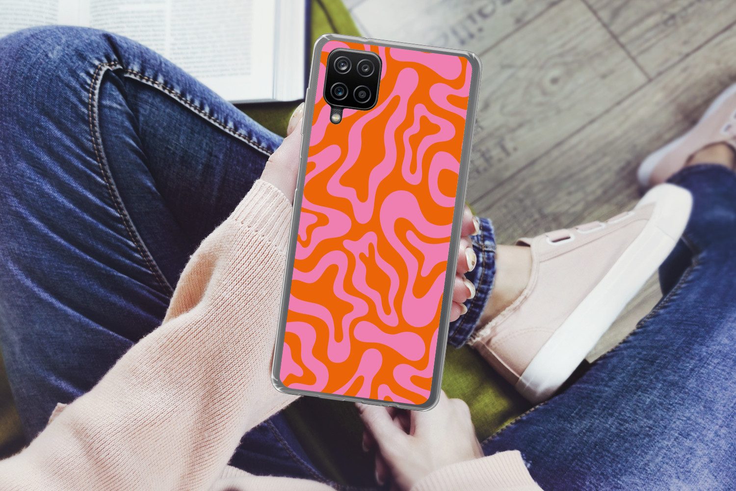MuchoWow Handyhülle für Samsung Galaxy A12 Muster - Rosa - Orange - Abstrakt - Modern, Smartphone-Bumper, Print, Handy Schutzhülle Dünn
