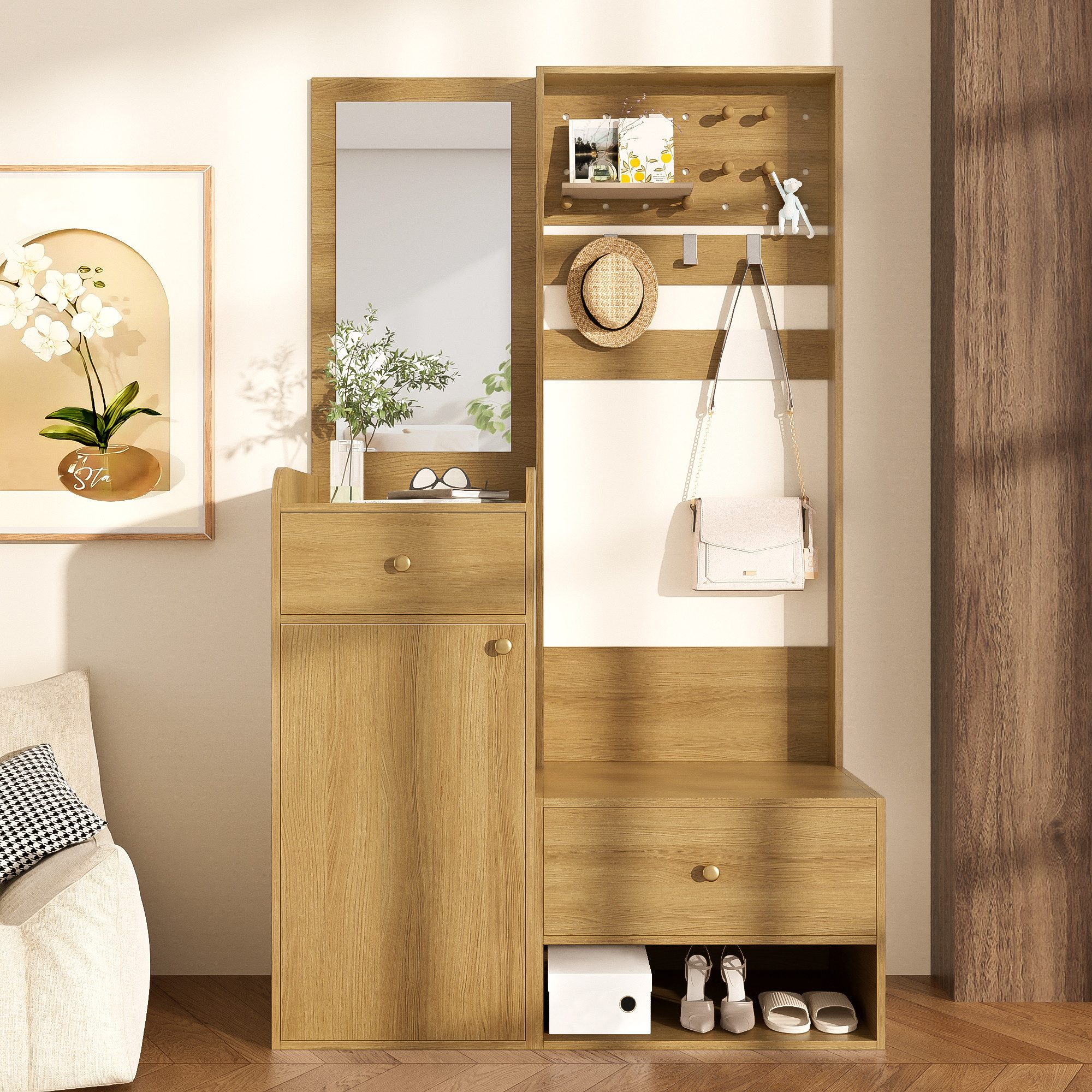 KLAM HOME Garderobenschrank Kompaktgarderobe mit Spiegel - Praktische Lösung für Eingangsbereich (Multifunktionsregal mit verstellbaren Haken und geräumigen Regalen) Elegantes Aufbewahrungsregal in Weiß 105cm für Schuhe & Mäntel