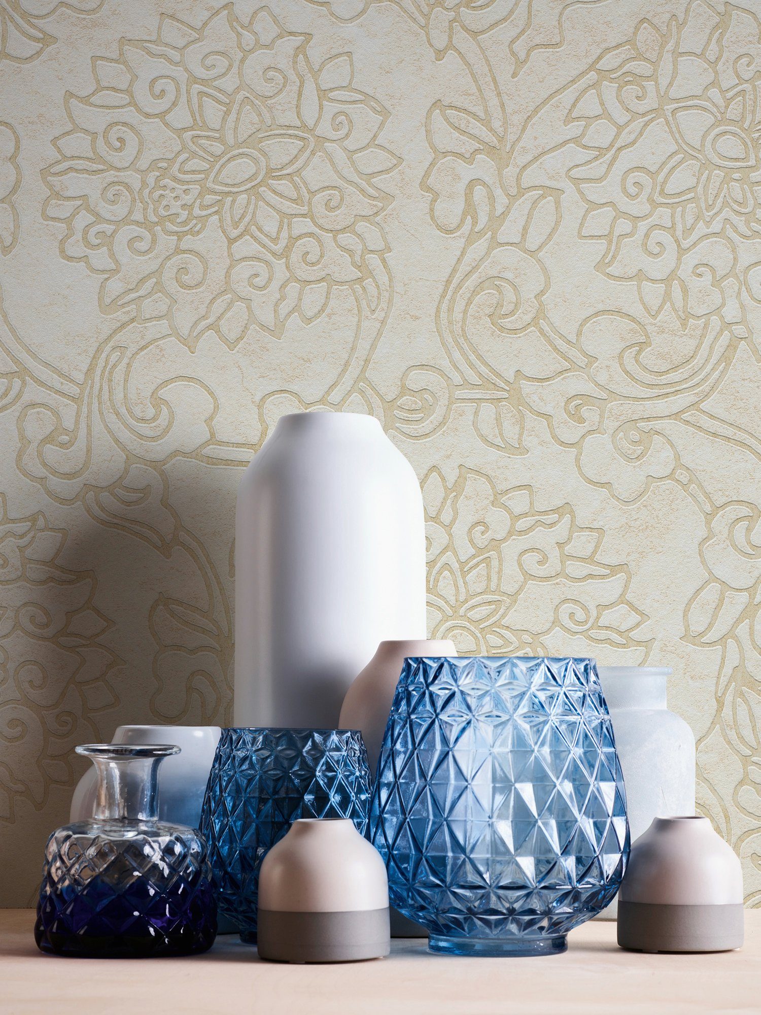 A.S. Création Vliestapete Asian ornamental, gemustert, aufgeschäumt, Japanisch Ornament Fusion, Tapete creme/gold