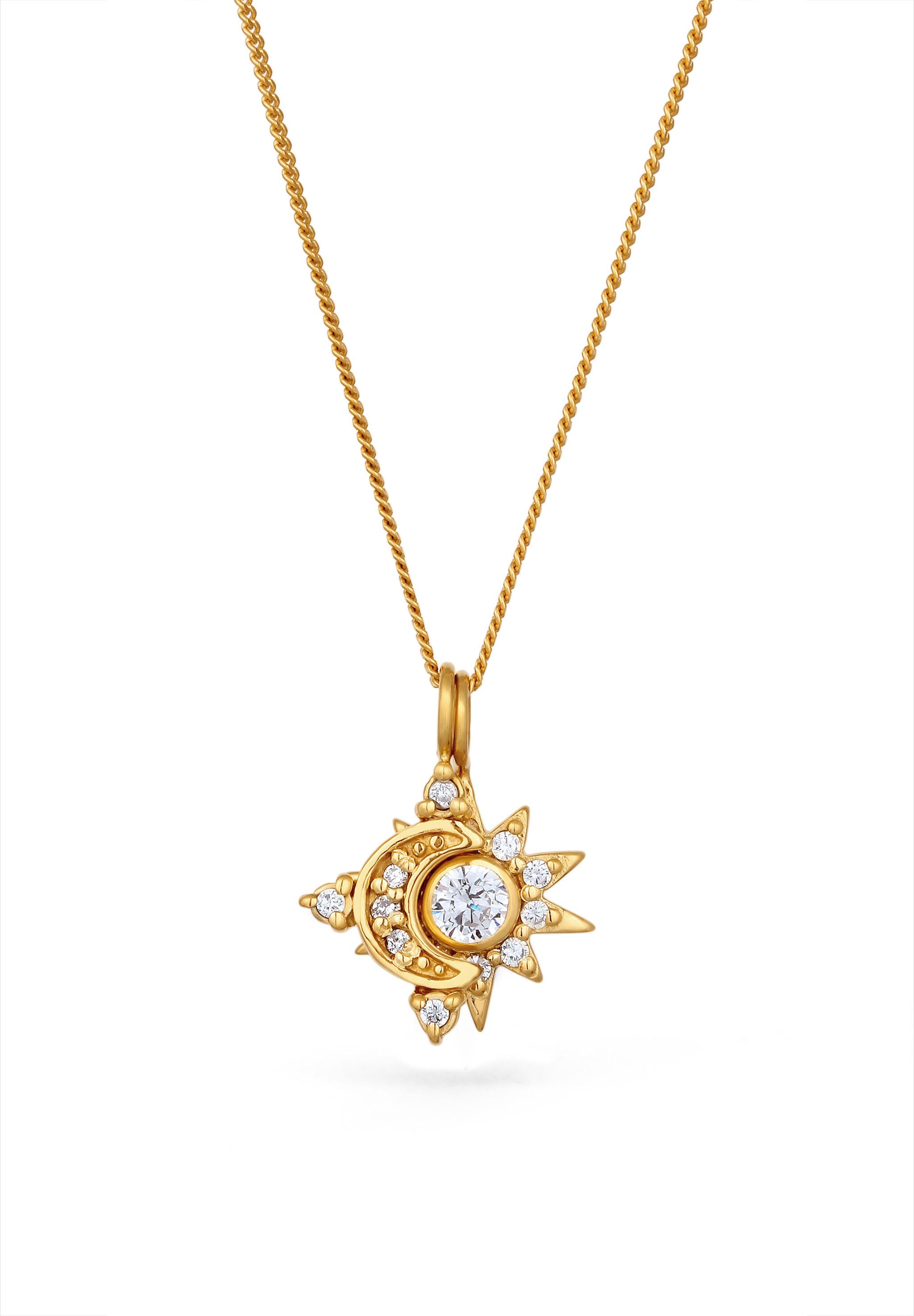 Kette mit Anhänger Sonne Mond Zirkonia Weiß 925 Sterling Silber vergoldet