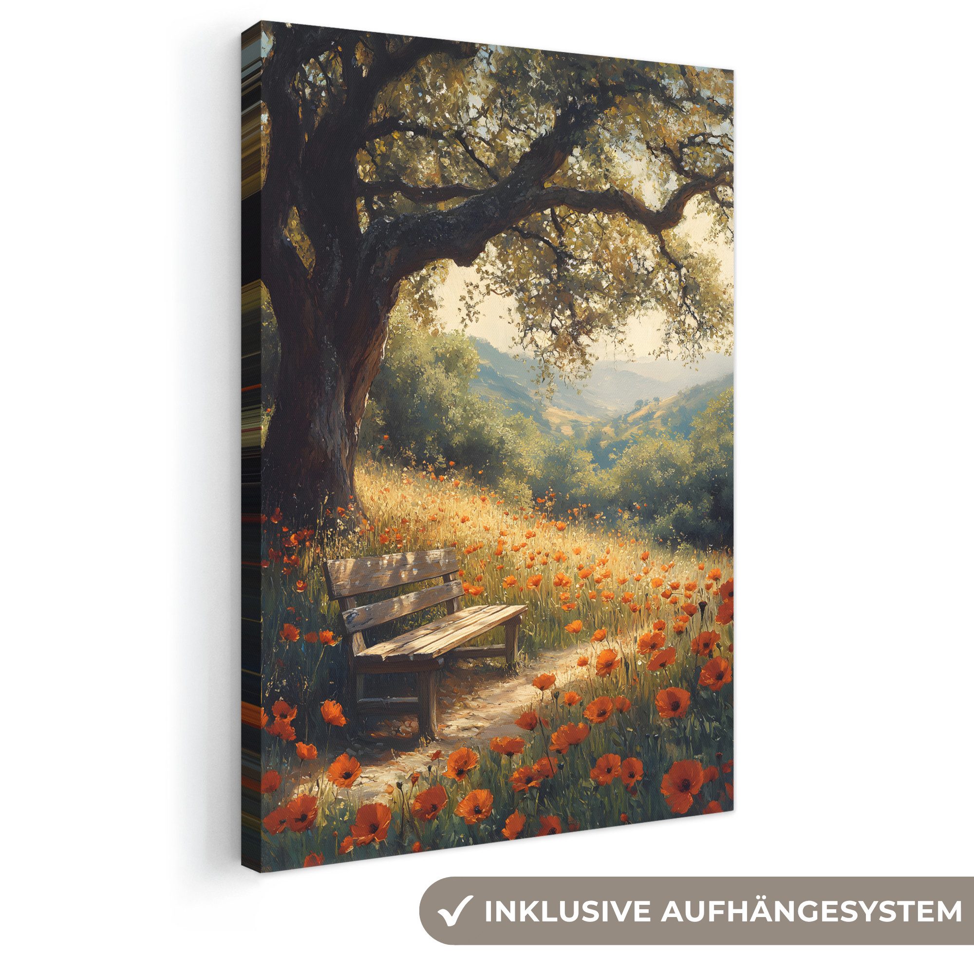 OneMillionCanvasses® Leinwandbild Bank - Baum - Mohnblumen - Hügel, Fotodruck (1 St), Leinwand Canvas Wandbild, Wanddekoration 20x30 cm