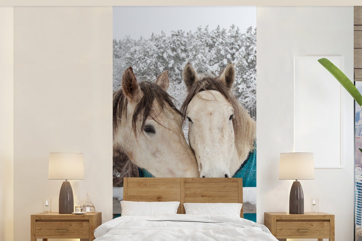 MuchoWow Fototapete Pferde - Decke - Schnee, Matt, bedruckt, (2 St), Vliestapete für Wohnzimmer Schlafzimmer Küche, Fototapete