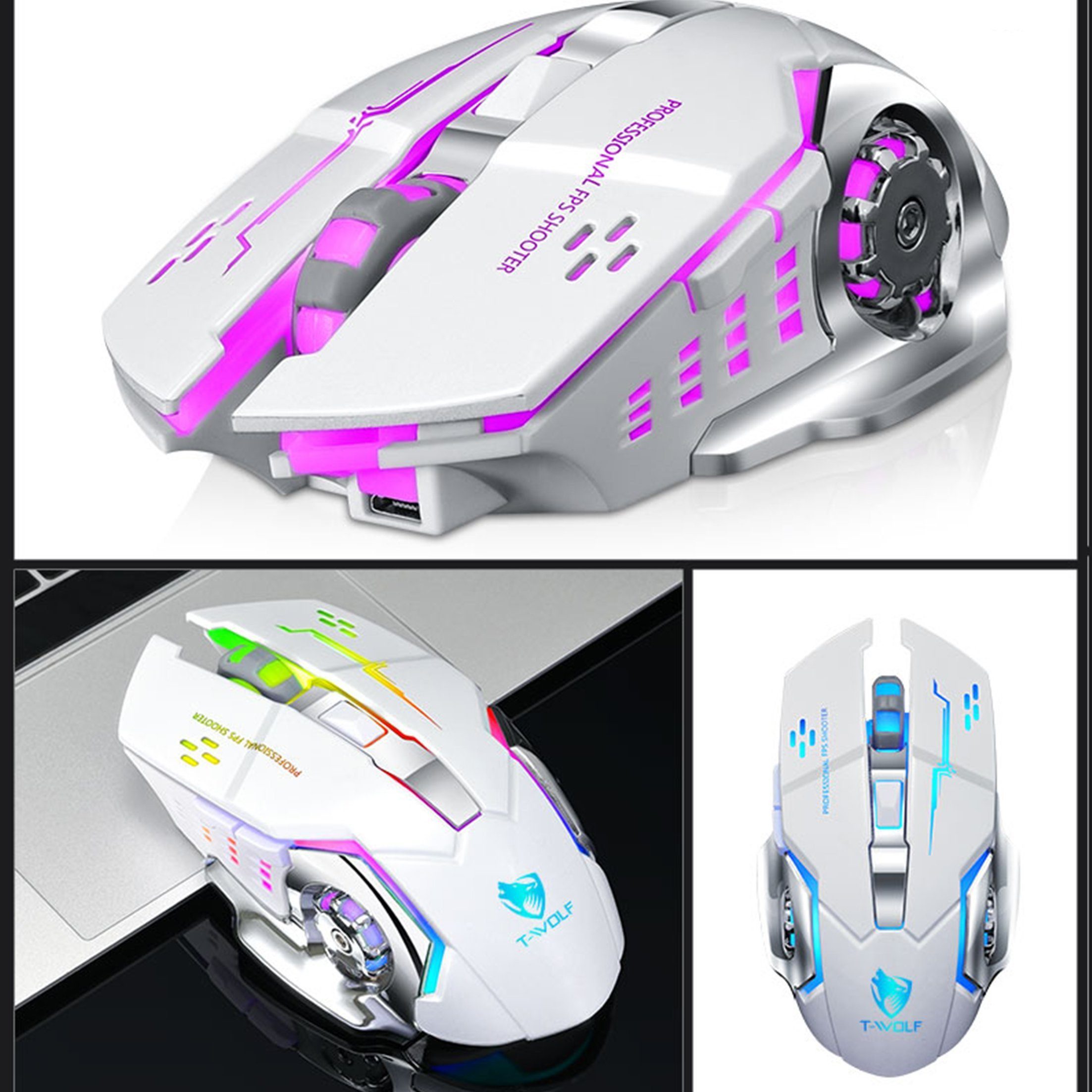 KINSI Gaming-Maus,Kabellose Maus,Stumm,Wiederaufladbar,2.4GHz Maus (3-stufige DPI-Einstellung)
