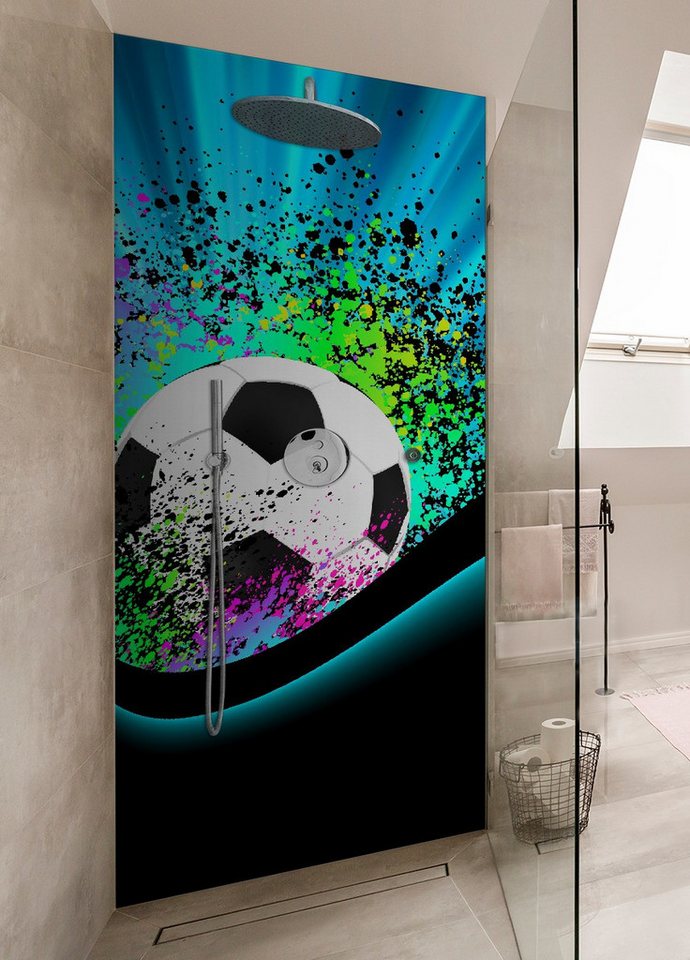 Thumbnail - Wallario Duschrückwand Fußball - Design Wellen und Regenbogen in blau, (1-tlg)