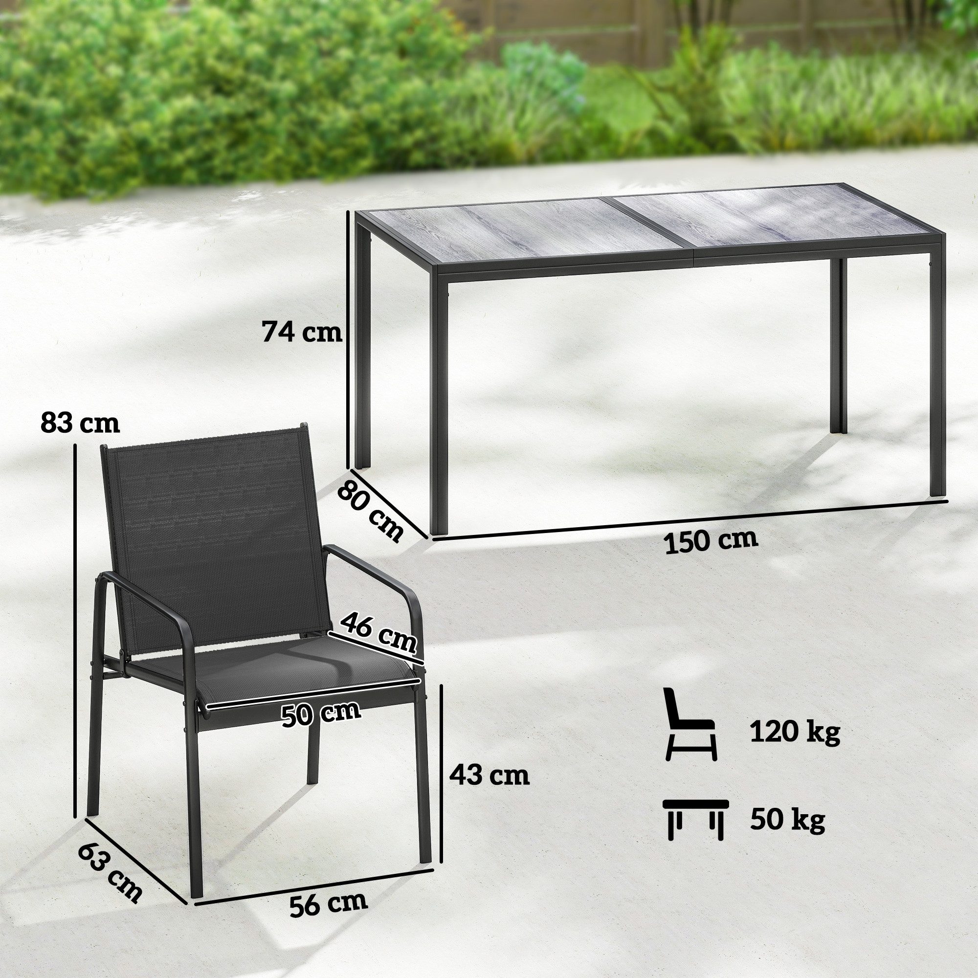 Outsunny Garten-Essgruppe Tisch mit 6 Atmungsaktiven Stühlen, Holzoptik, Stahlrahmen, (Gartenset, 7-tlg., Gartenmöbel Set), für Garten Balkon Terrasse Schwarz