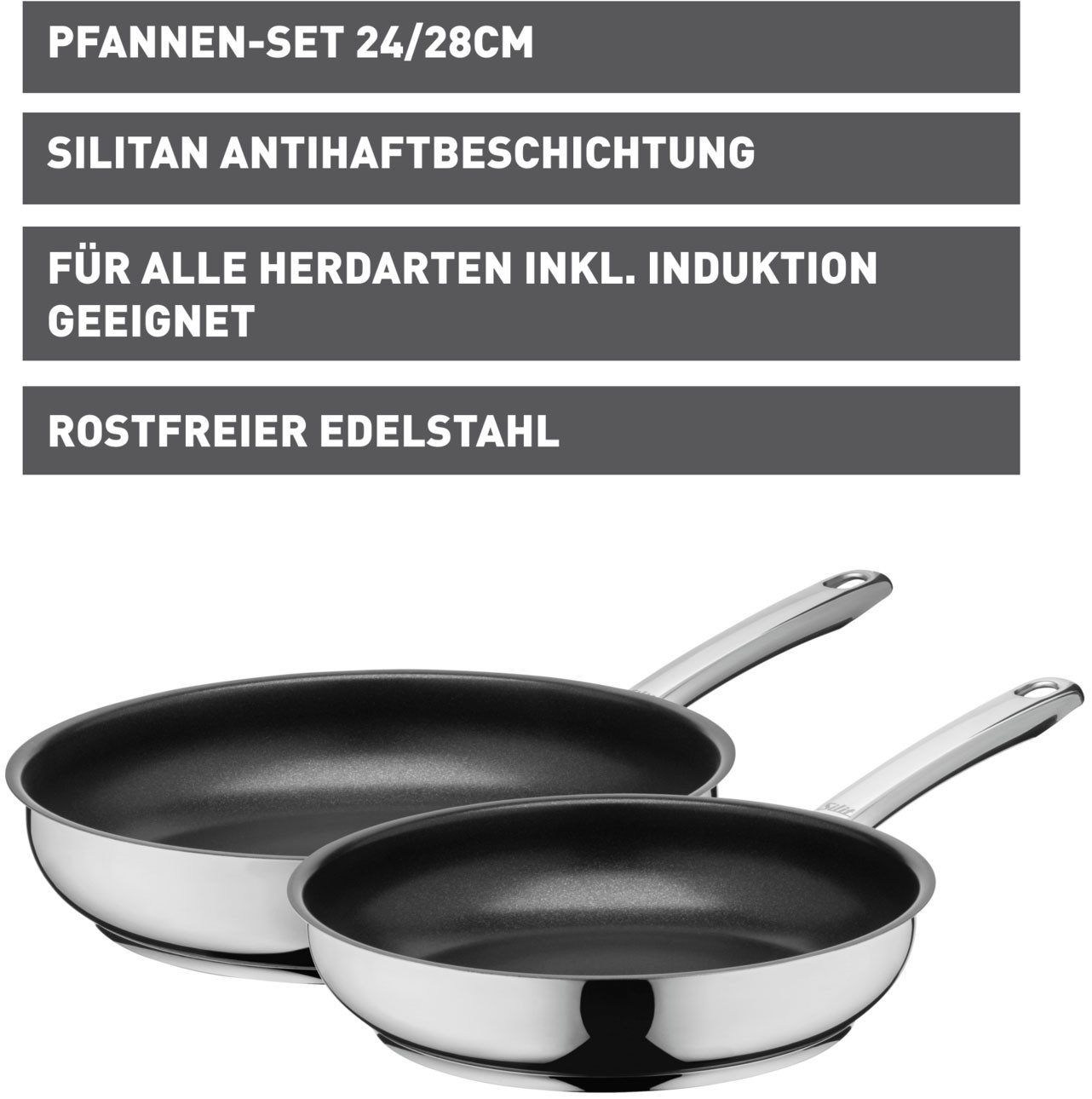 Silit Pfannen-Set Calabria, Edelstahl 18/10 (Set, 2-tlg., Stielpfanne 24 cm und 28 cm), Silitan Antihaftversiegelung, polierter Edelstahl, induktionsgeeignet