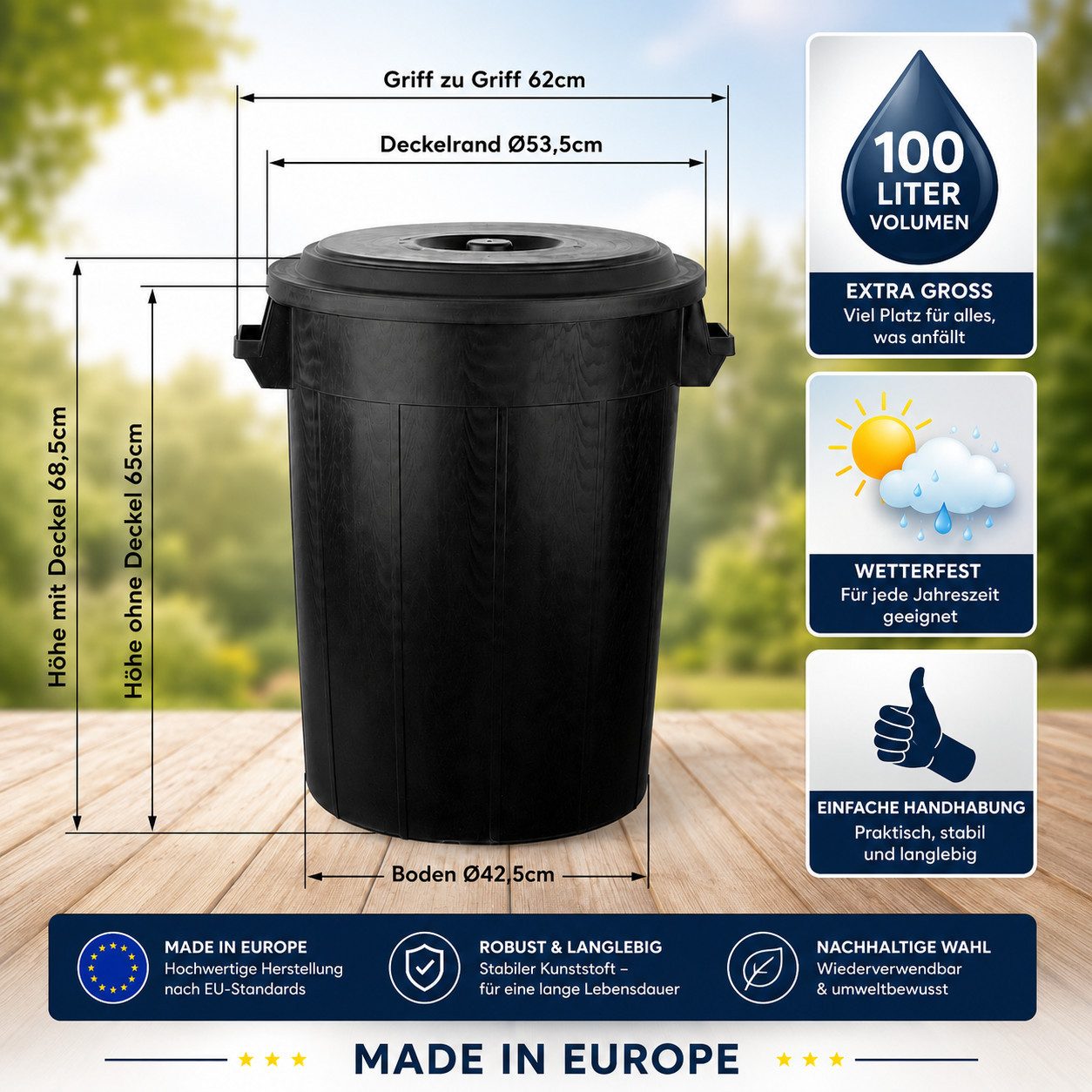 BigDean Mülleimer Universaltonne Schwarz in verschiedenen Größen, Tragegriffe, Robust, Made in Italy – Bild 4 von 5