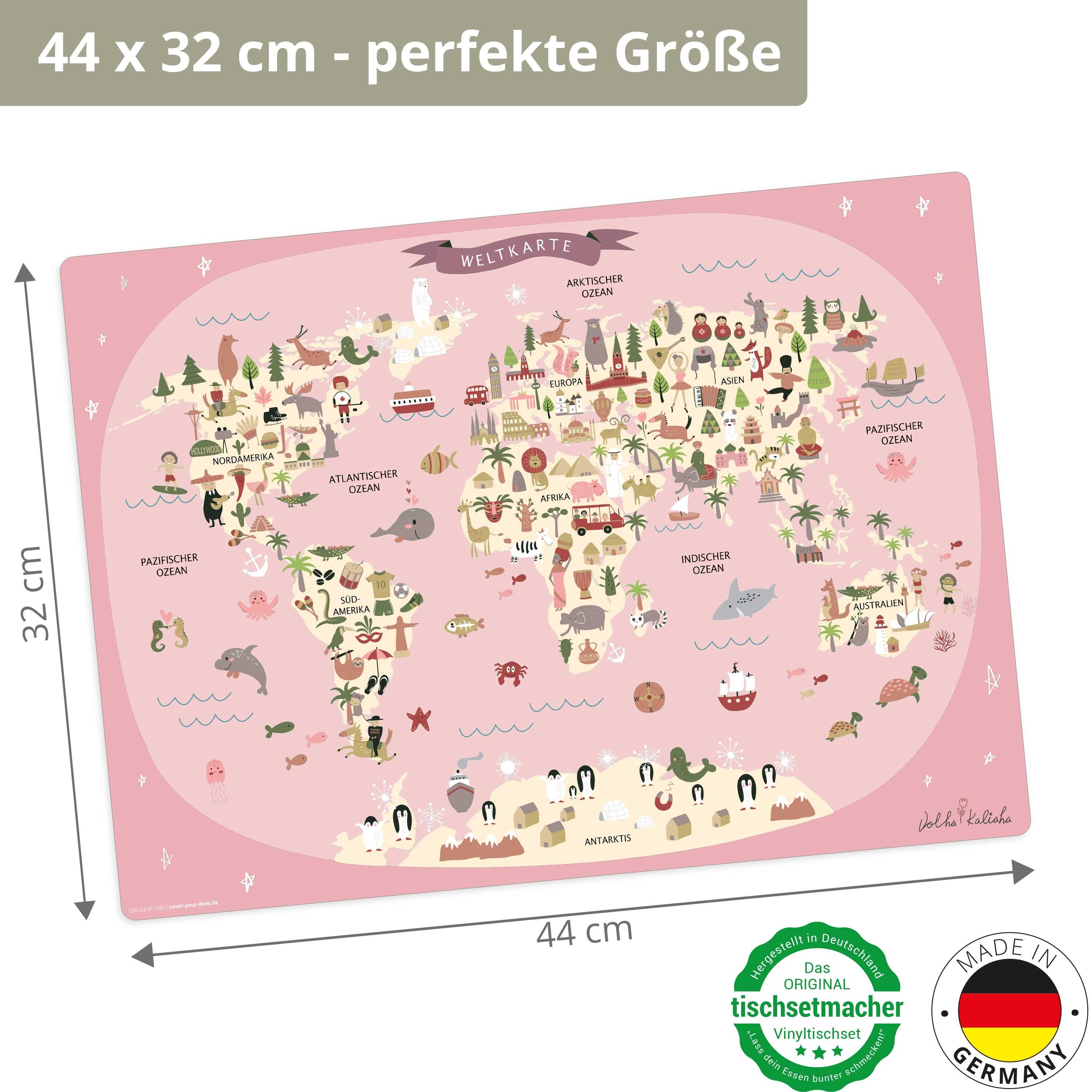 x in - rosa Germany Tischsetmacher, - Made deutsch, erstklassigem Tieren, Vinyl 32 - cm Weltkarte Tischset, rutschfeste  Platzset (aus - Kinder (Kunststoff 1-St., mit Platzset, in Tischdekoration), 44 abwaschbar - BPA-frei)