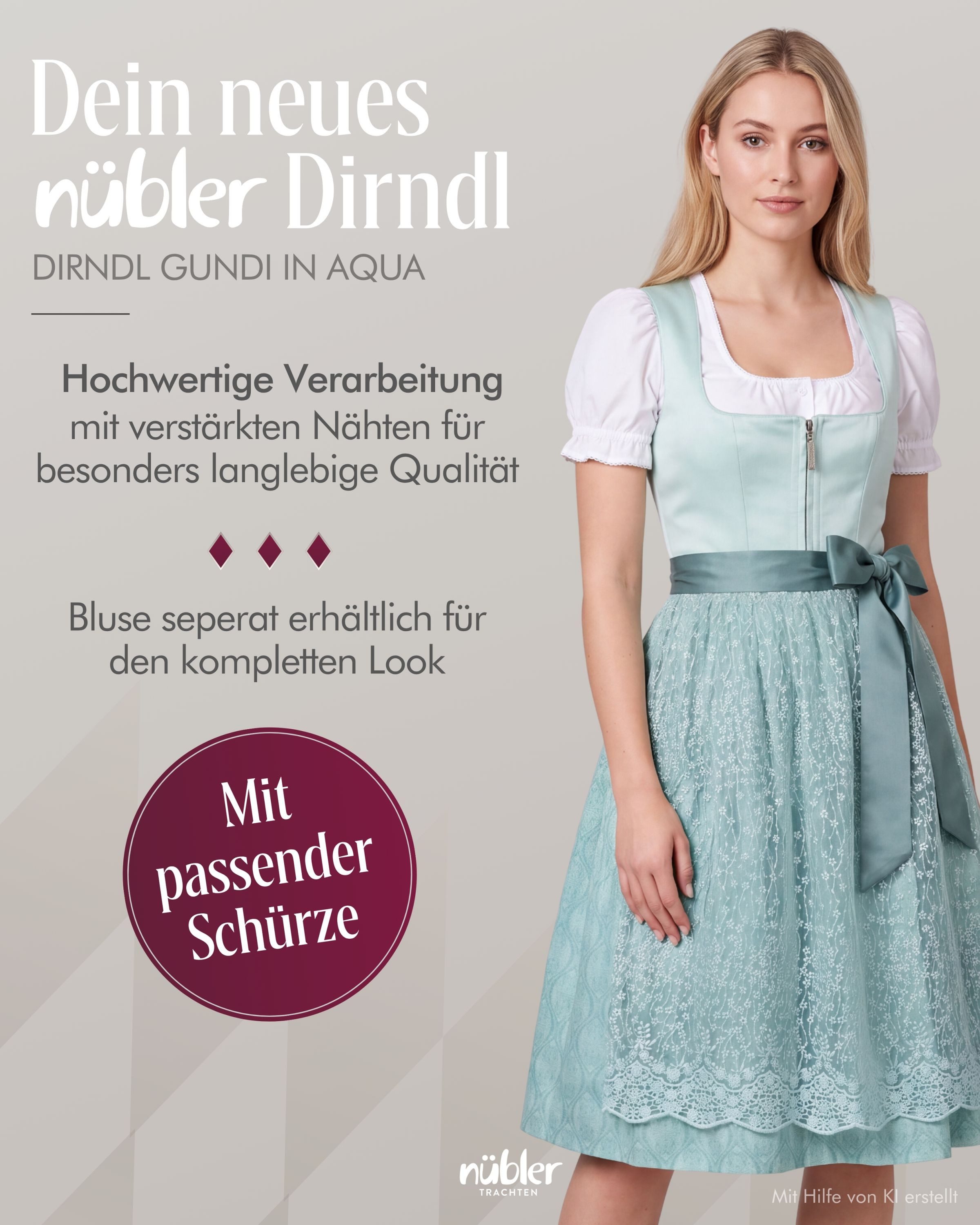 Nübler Trachtenkleid Midi Dirndl Gundi in Aqua von Nübler - Rocklänge 65 cm