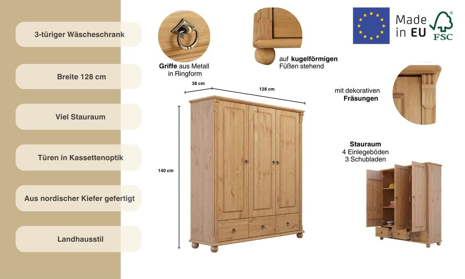 OTTO home Wäscheschrank Tessin (2 Breiten: 90/128 cm H/T ca. 140/38 cm) aus massiver Kiefer, in 2 Breiten, viel Stauraum, FSC zertifiziert