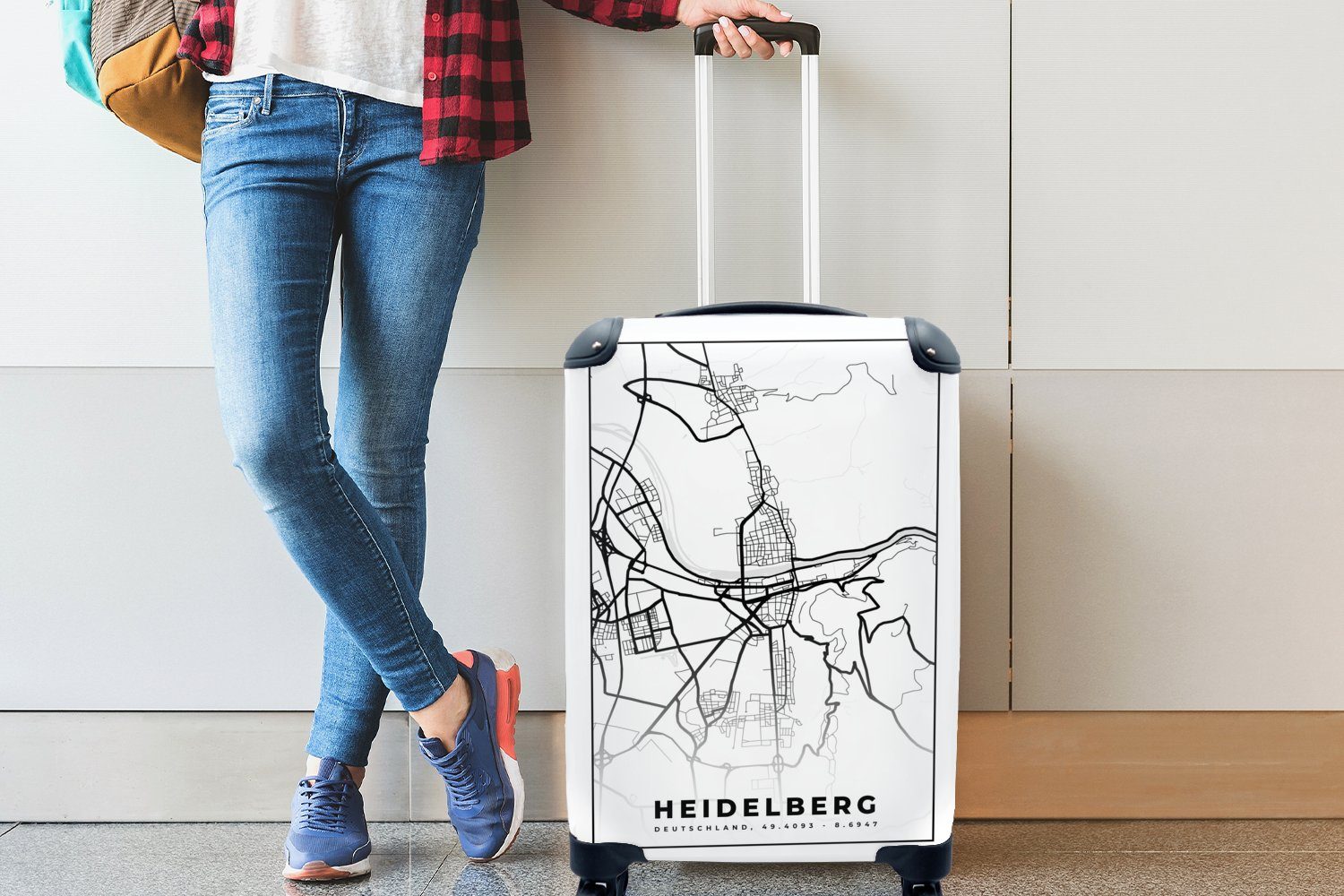 MuchoWow Handgepäckkoffer Heidelberg Stadtplan, 4 Handgepäck rollen, für Reisetasche - Trolley, mit Ferien, Rollen, Karte - Reisekoffer