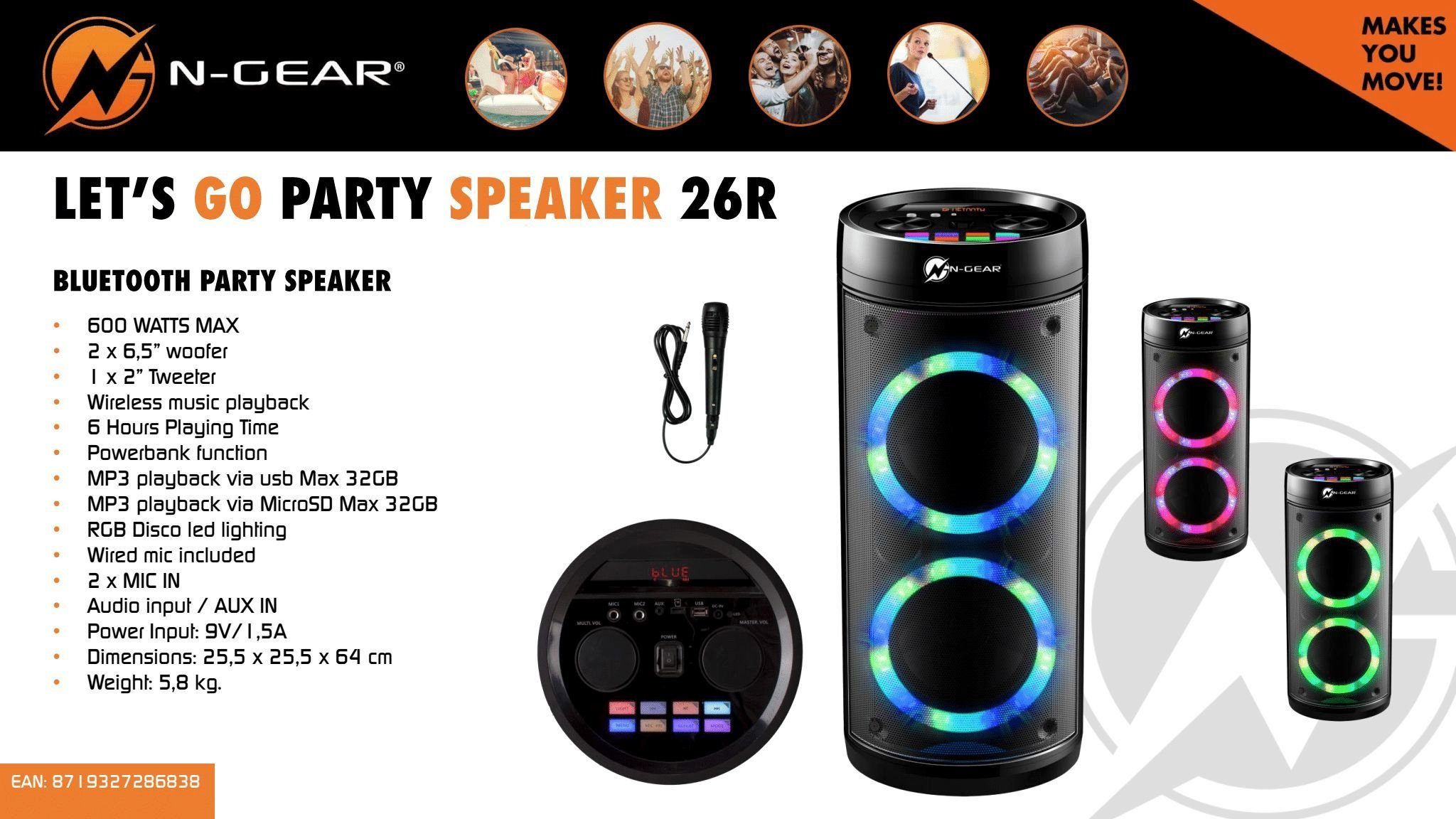 N-GEAR 600W Party Bluetooth-Lautsprecher Power Let's Bank, Disco, Leistung LPG26R LED Karaoke Go
