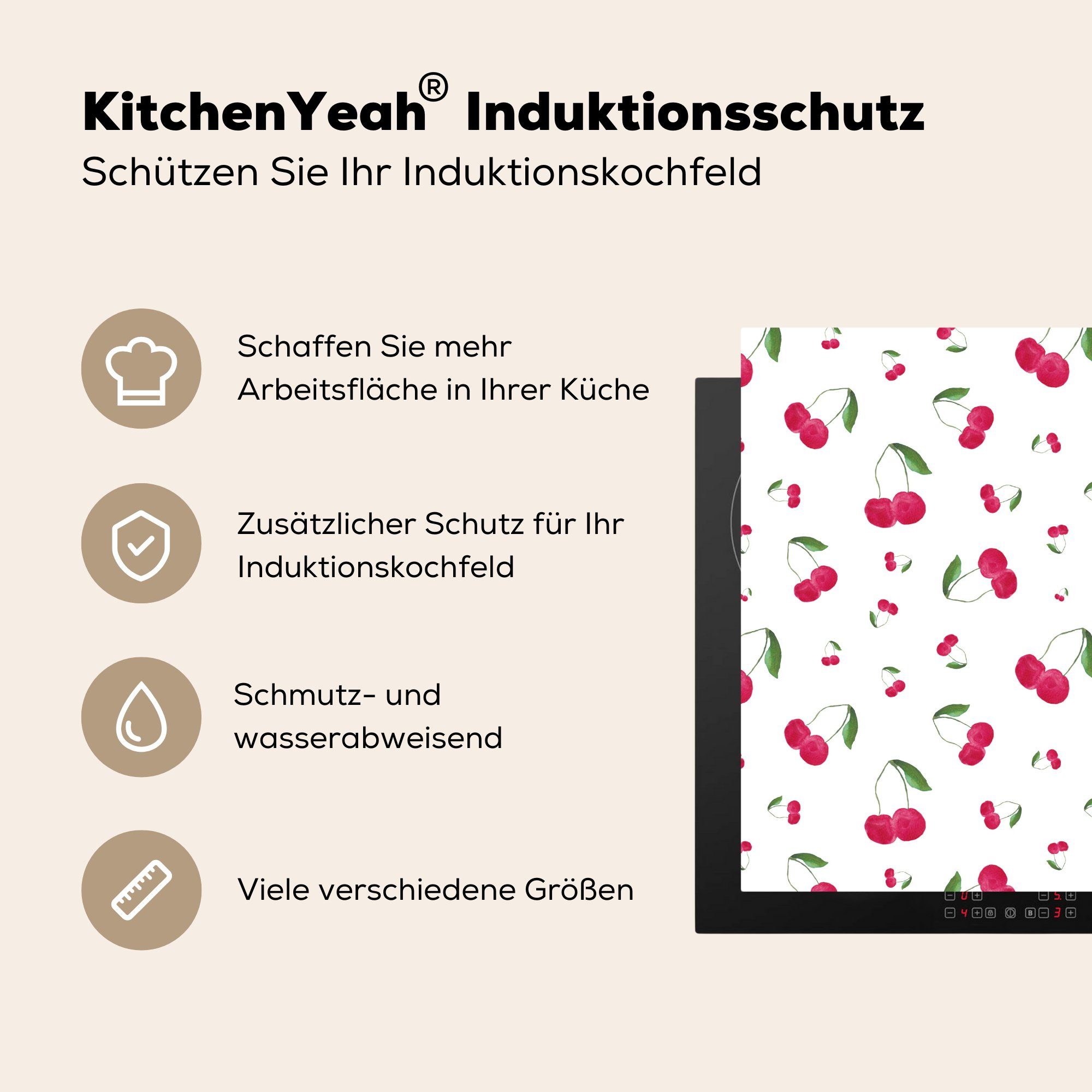 MuchoWow Herdblende-/Abdeckplatte - Ceranfeldabdeckung, für tlg), Arbeitsplatte küche Aquarellfarbe - (1 78x78 cm, Vinyl, Obst, Kirsche