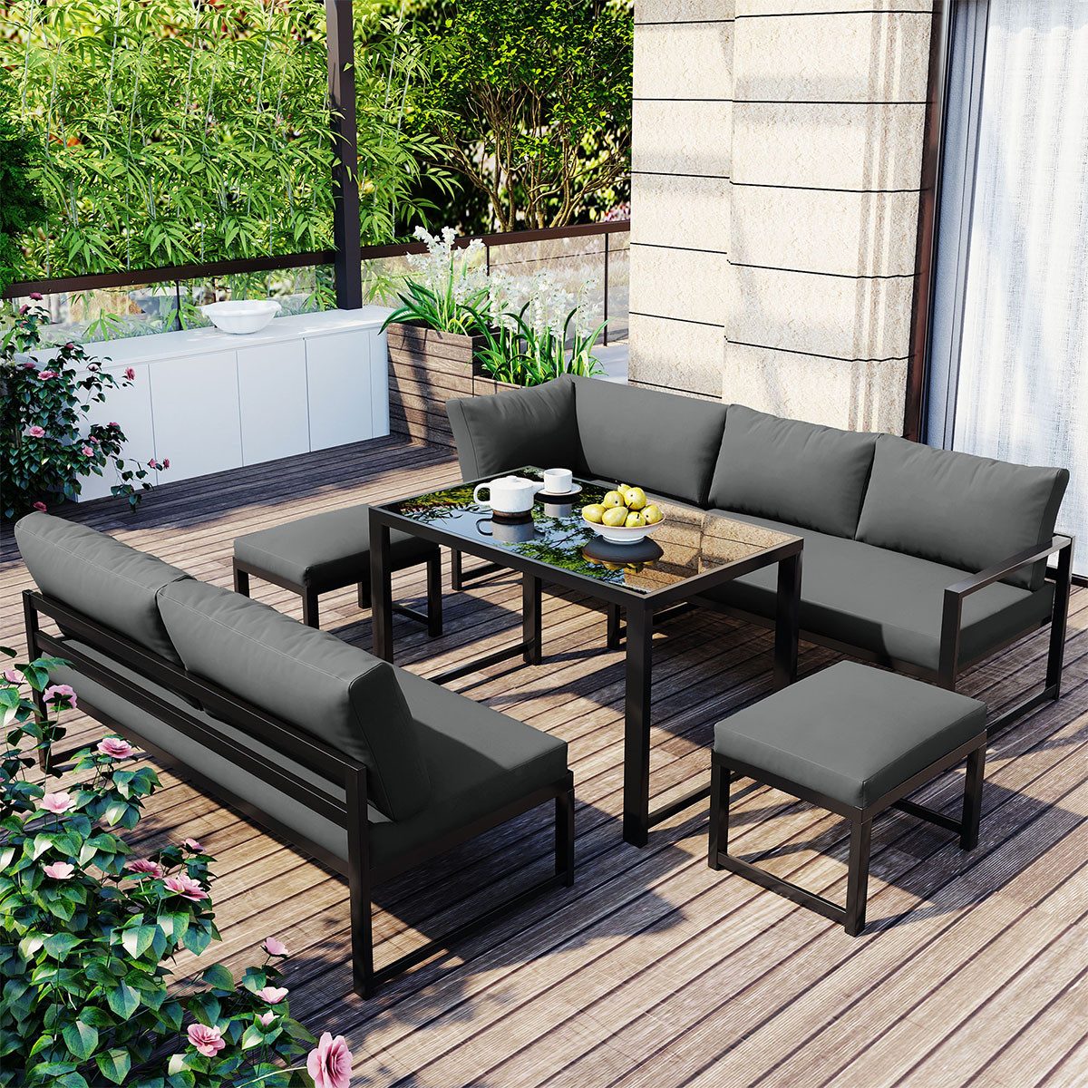 XDeer Gartenlounge-Set Gartenlounge-Set mit Liegefunktion Aluminium Sitzgruppe, Vierter Gang verstellbare Rückenlehne für Garten Balkon Grau