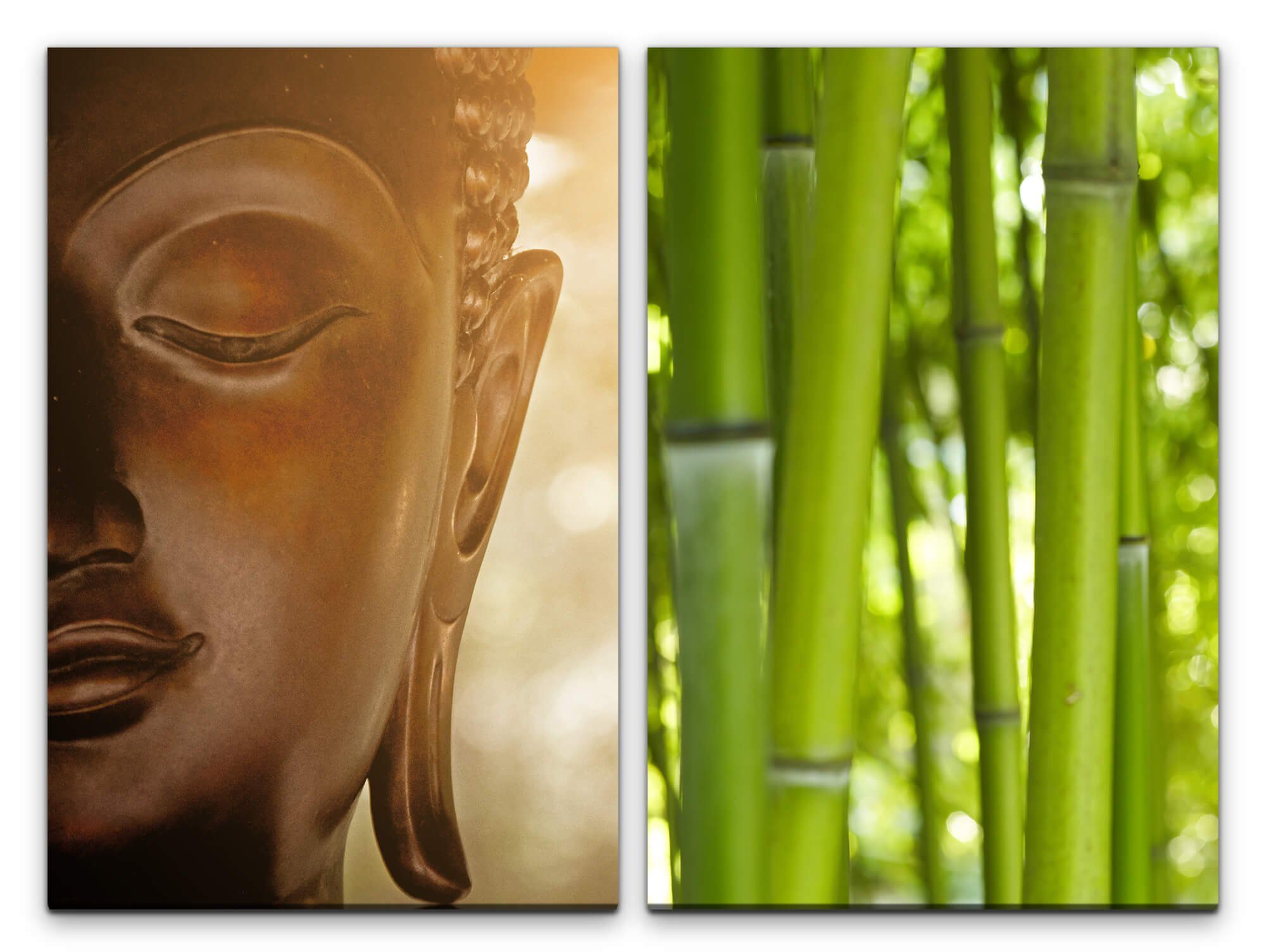 Sinus Art Leinwandbild 2 Bilder je 60x90cm Buddha Buddhakopf Bambus Asien Meditation Yoga positive Energie