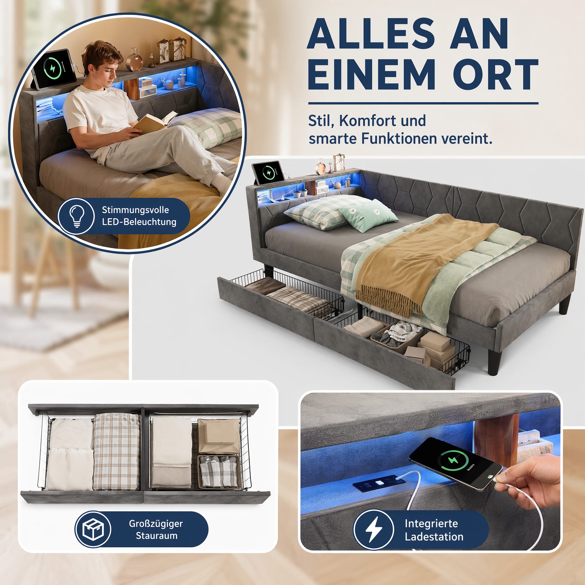 Simurq Daybed Tagesbett 90x200 mit Schubladen, Gästebett, Jugendbett, Polsterbett, Mit Lattenrost, USB Port & LED, samt, L-Form