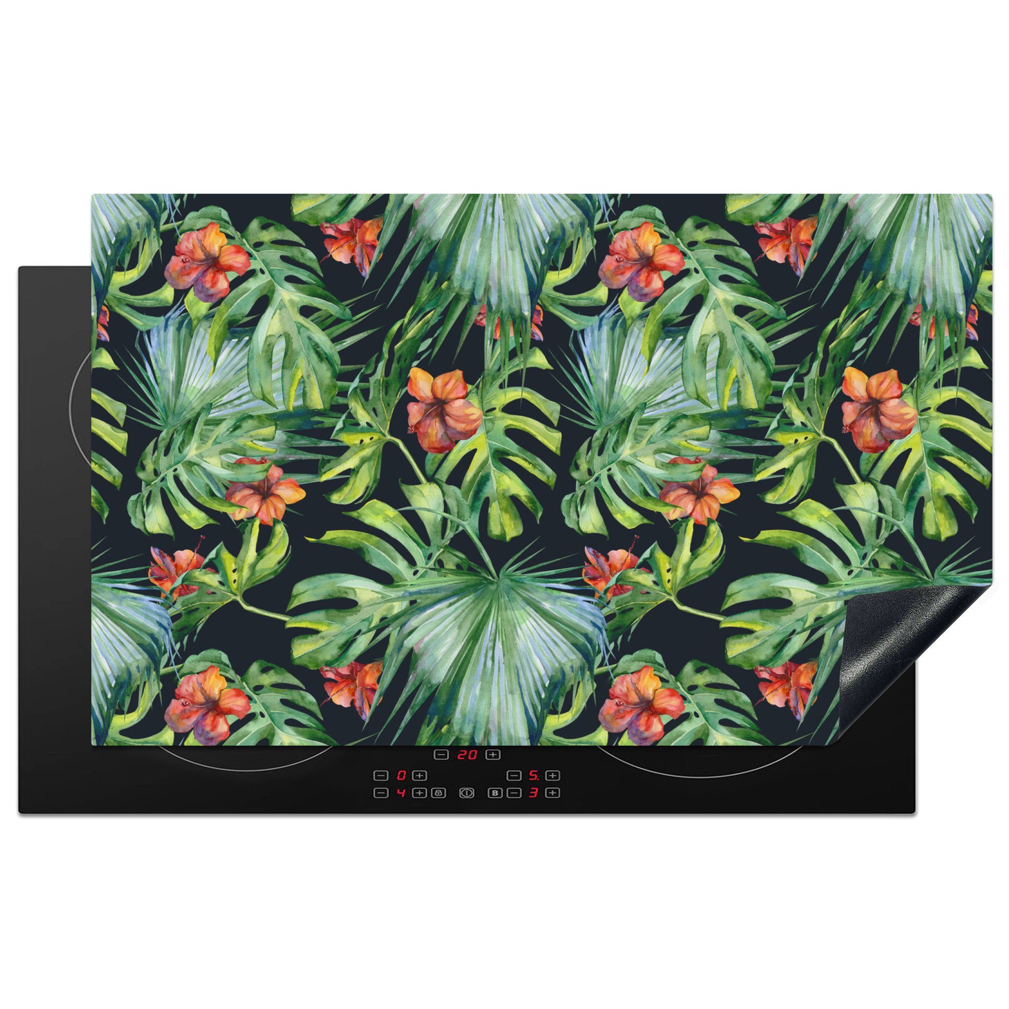 Blumen Herdblende-/Abdeckplatte Vinyl, - Blätter Ceranfeldabdeckung, 83x51 (1 küche tlg), für cm, - MuchoWow Dschungel Arbeitsplatte Tropisch, -