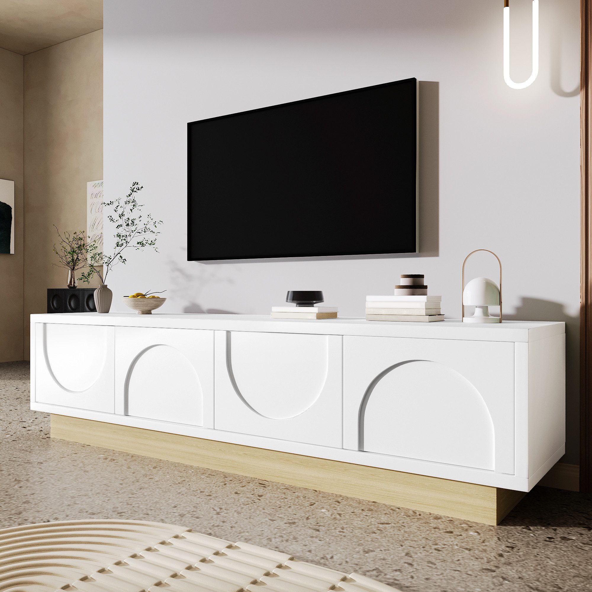 Merax Lowboard in Weiß mit Holzmaserung (Fernsehschrank mit Kurvendesign, 1 St., 175 L x 40 B x 41.5 H), TV-Schrank mit 4 Türen & Stauraum, Fernsehschrank mit Push-to-Open