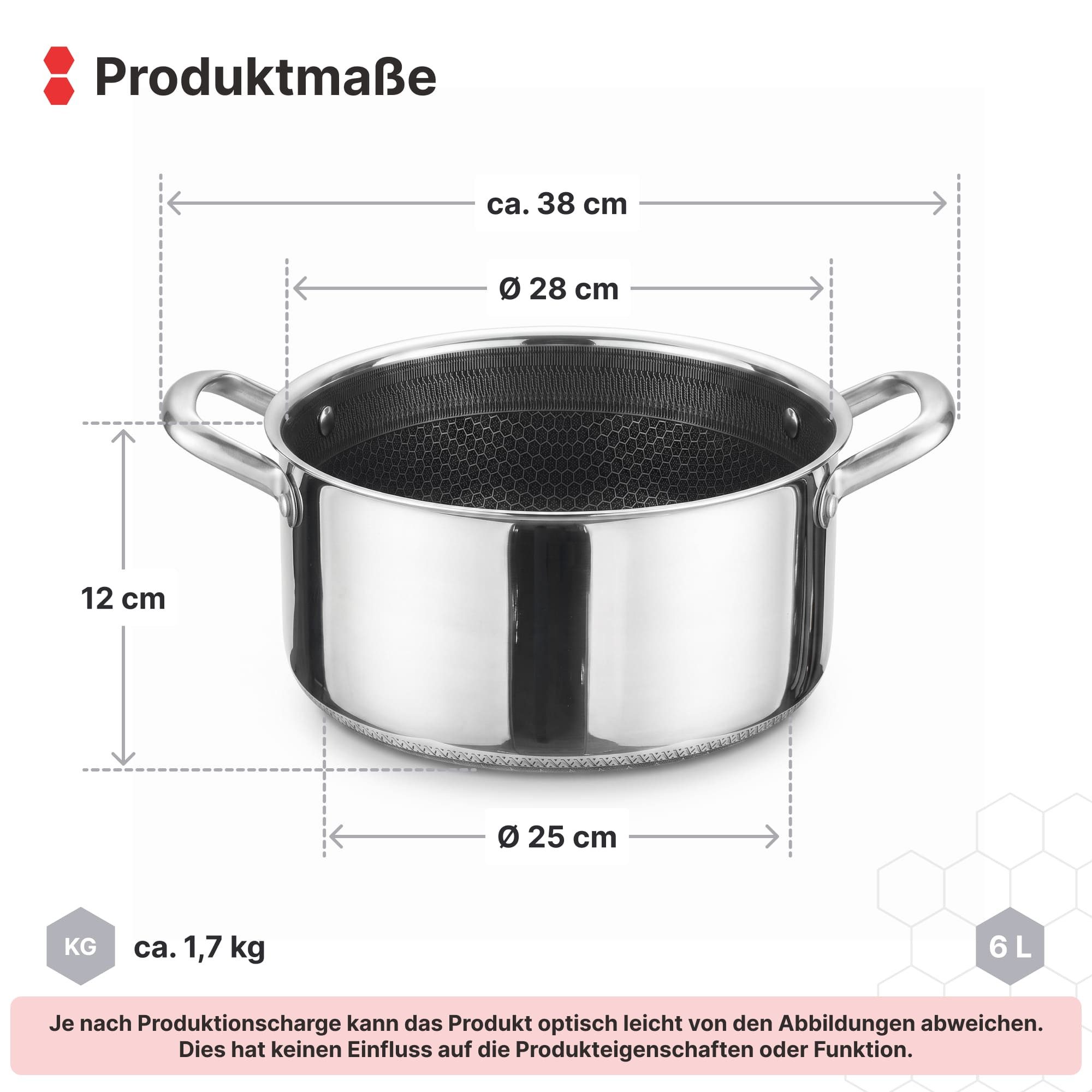 4BIG.fun Kochtopf Kochtopf 6 L Ø 28 cm Edelstahl Induktion Antihaft-Wabenstruktur Deckel, Edelstahl