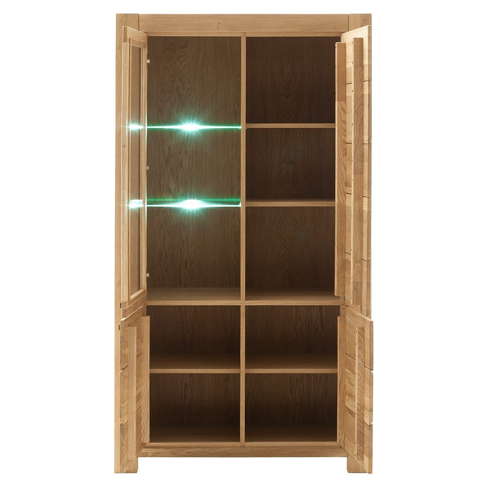 Lomadox Vitrine SELISTE-06 Massivholzmöbel, Eiche teilmassiv geölt, 109cm breit, LED-Beleuchtung