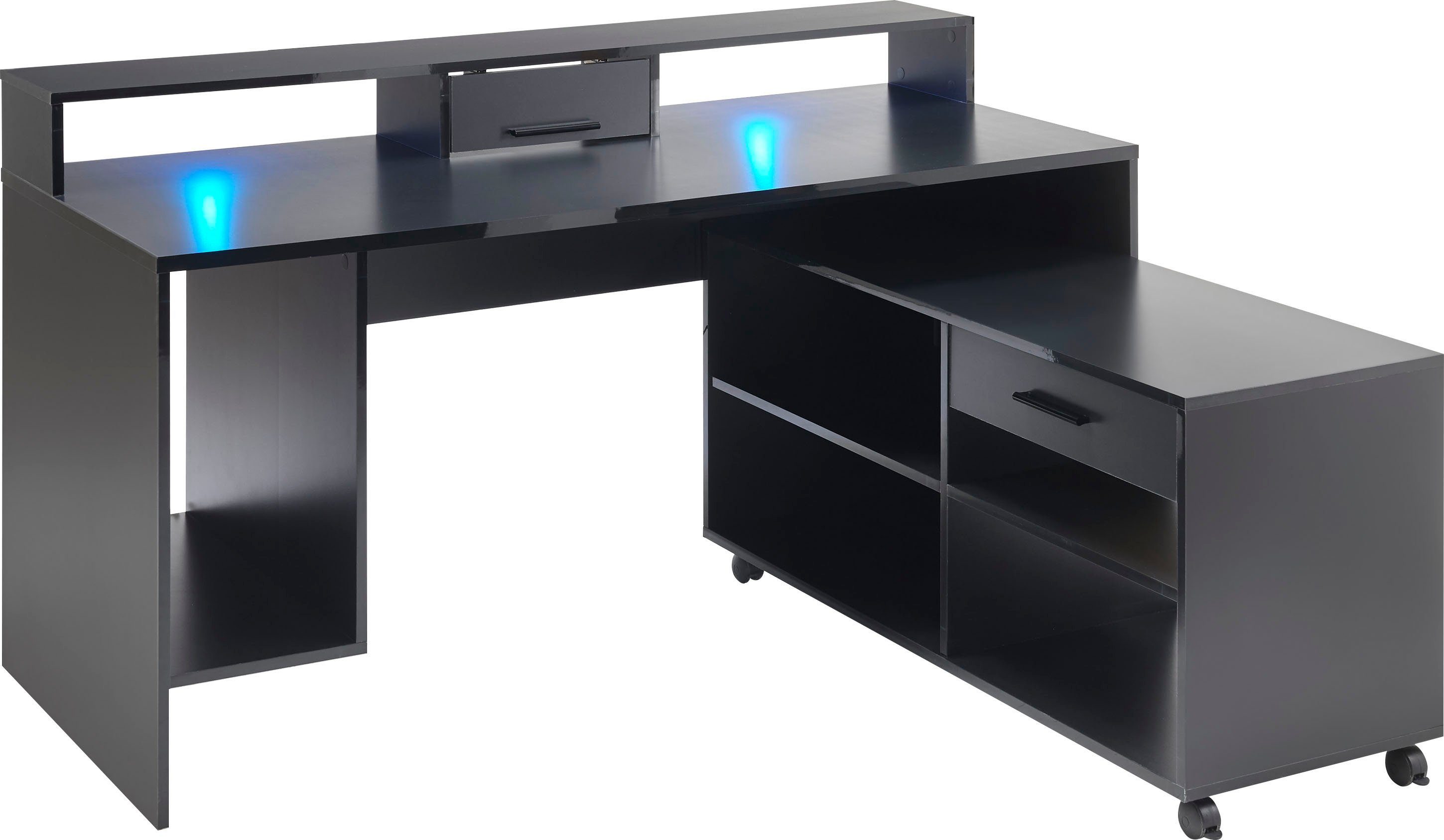 BEGA OFFICE Gamingtisch Highscore, Schwarz inkl. RGB-LED Farbwechsel,  Computertisch mit Rollcontainer