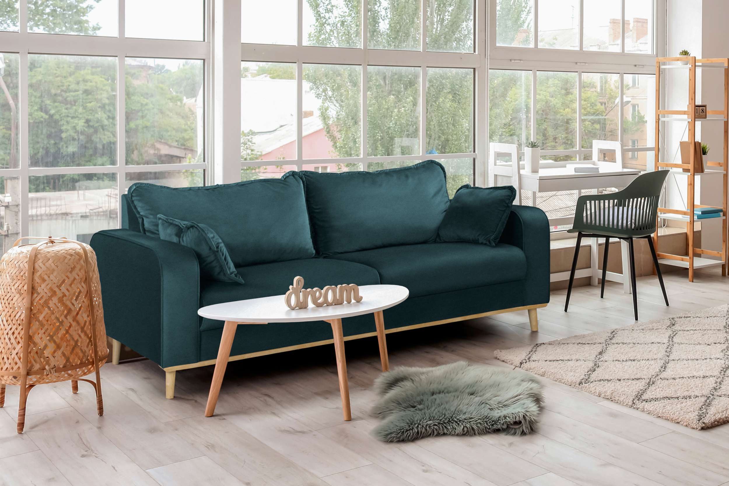 99rooms 3-Sitzer Preston, Sofa, 3-Sitzer Sofa, mit Rundumbezug, 2 Zier- und 2 Rückenkissen, hellbraune Holzfüße